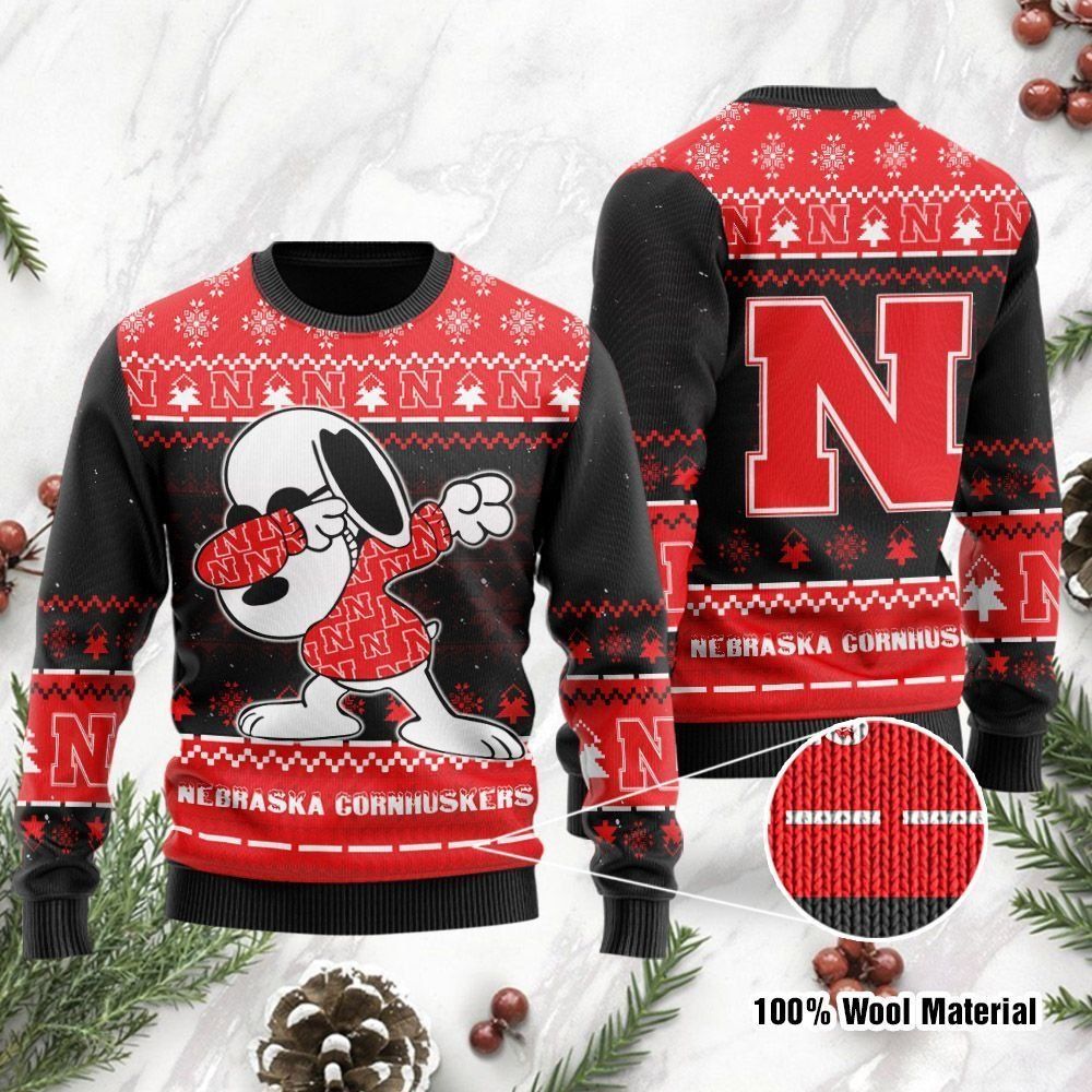 Nebraska Cornhuskers Snoopy Dabbing Ugly Christmas Sweater Holiday Party Men Women Full Plus Size