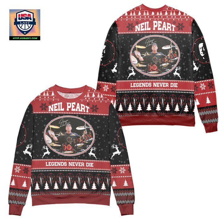 Neil Peart Legends Never Die Ugly Christmas Sweater Black Red