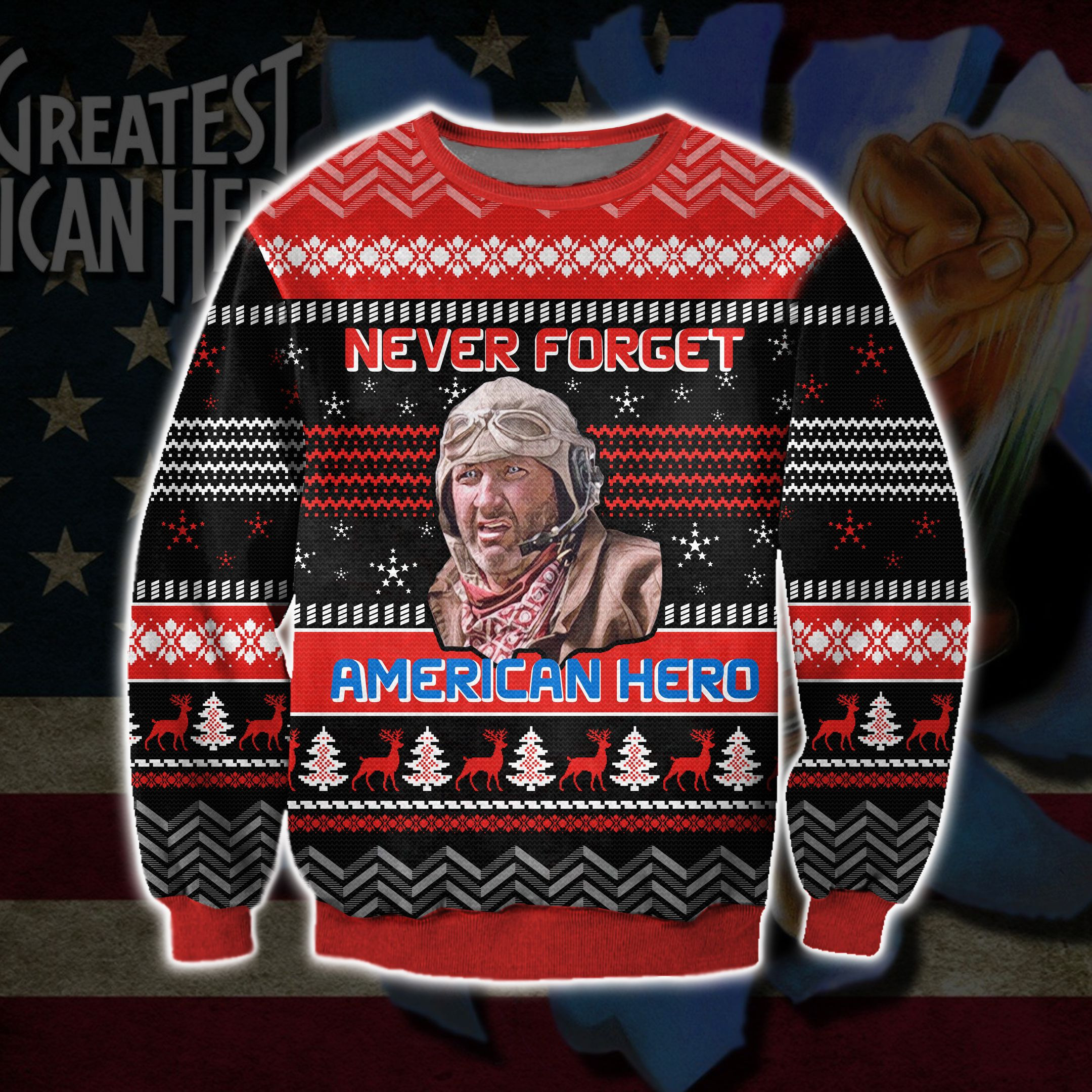 Never Forget American Hero Knitting Pattern 3D Print Ugly Christmas Sweater