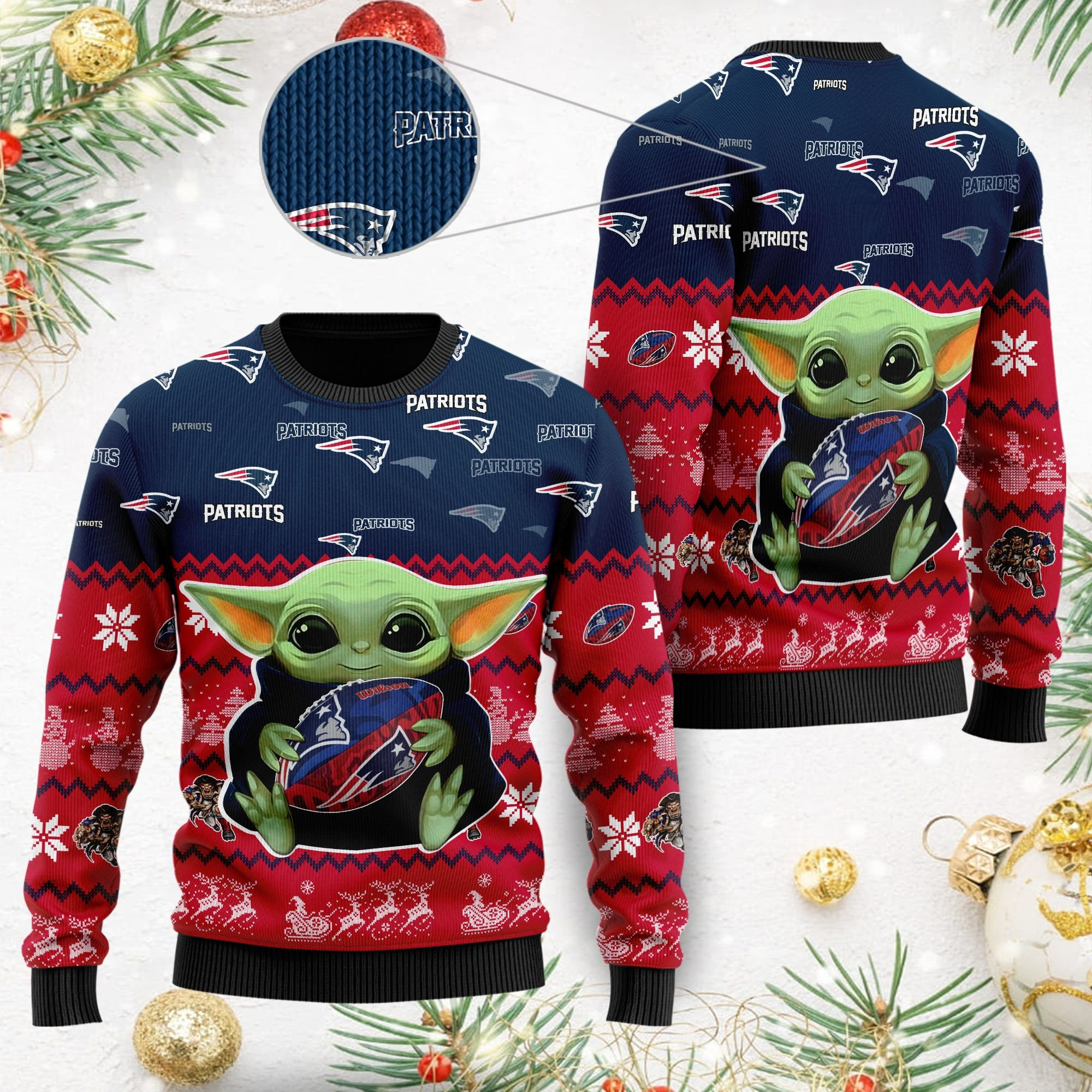 New England Patriots Baby Yoda Shirt For American Football Fans Ugly Christmas Sweater, Perfect Holiday Gift