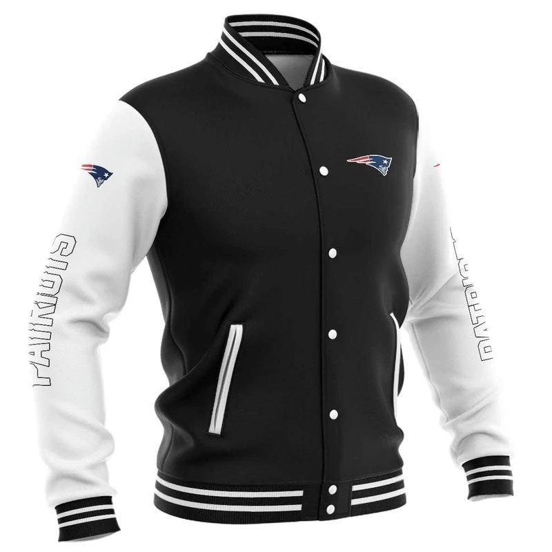 New England Patriots Black White Basic Varsity Baseball Jacket for Men & Women | NFL Team Fan Gift