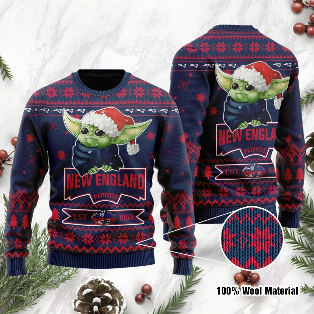 New England Patriots Cute Baby Yoda Grogu Ugly Christmas Sweater, Perfect Holiday Gift