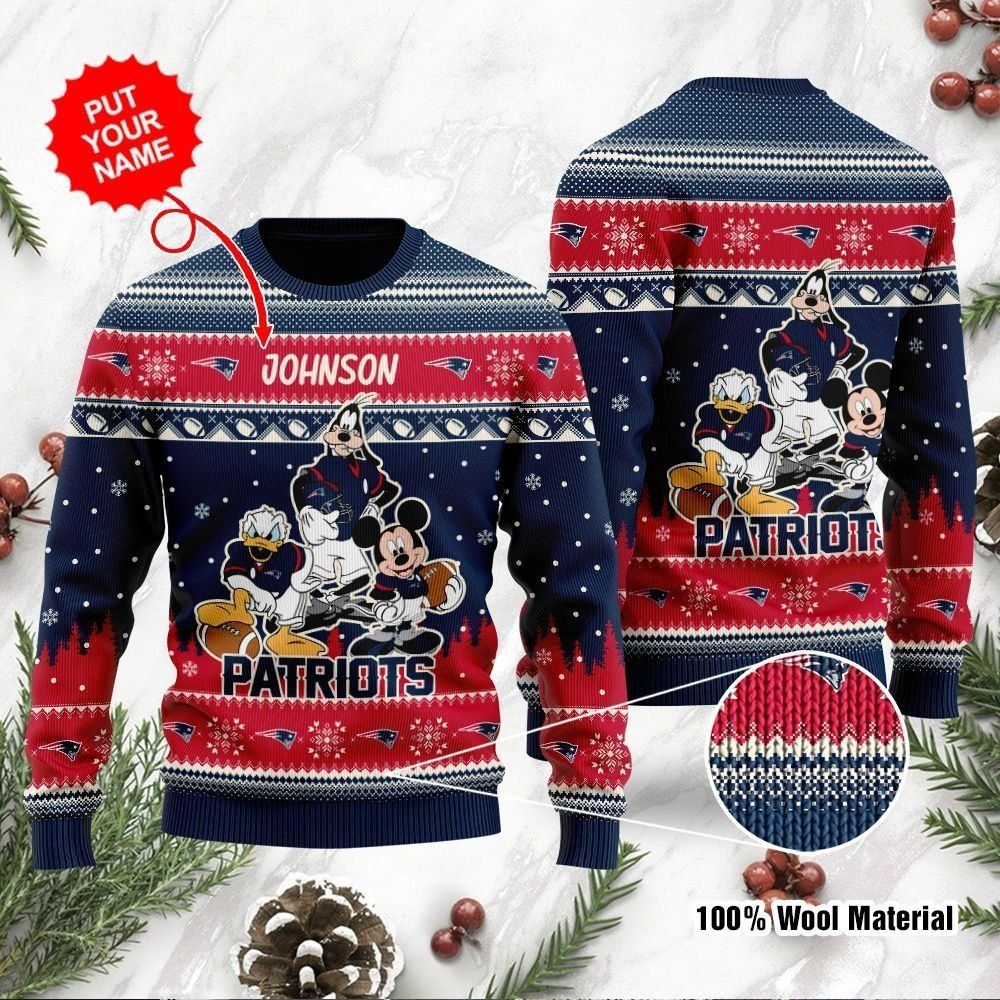 New England Patriots Disney Donald Duck Mickey Mouse Goofy Custom Name Personalized Ugly Christmas Sweater Holiday Party For Men Women