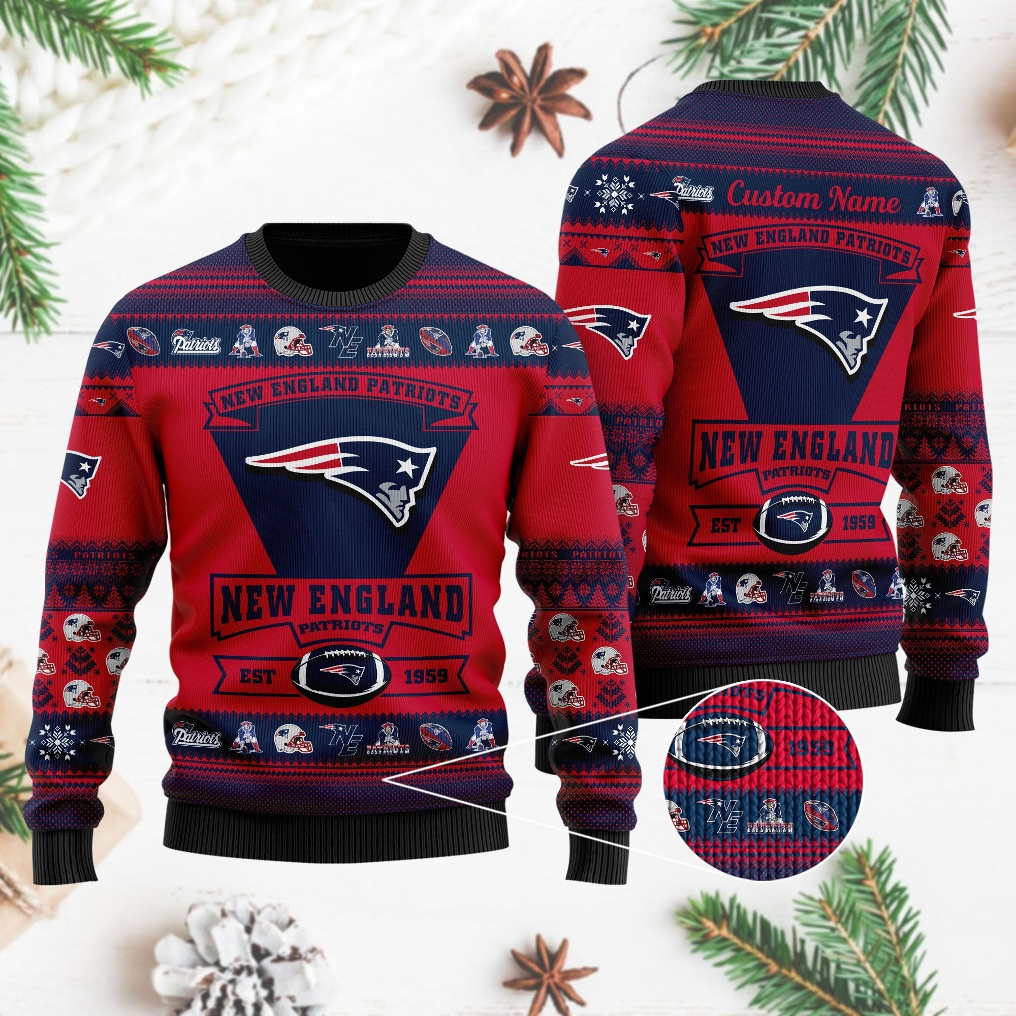 New England Patriots Football Team Logo Custom Name Personalized Ugly Christmas Sweater Holiday Party Men Women Plus Size