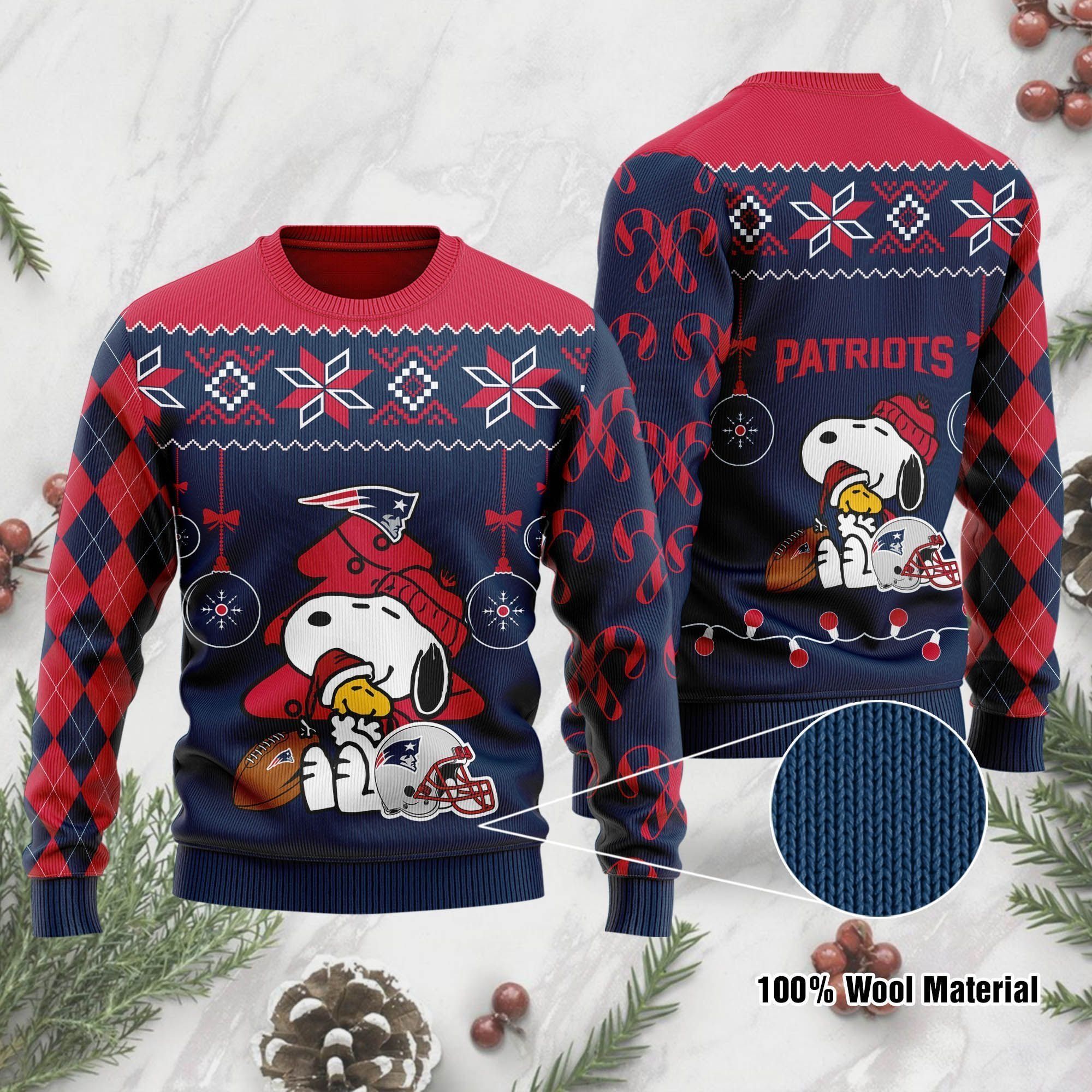 New England Patriots Funny Charlie Brown Peanuts Snoopy Ugly Christmas Sweater Holiday Party Men Women Plus Size