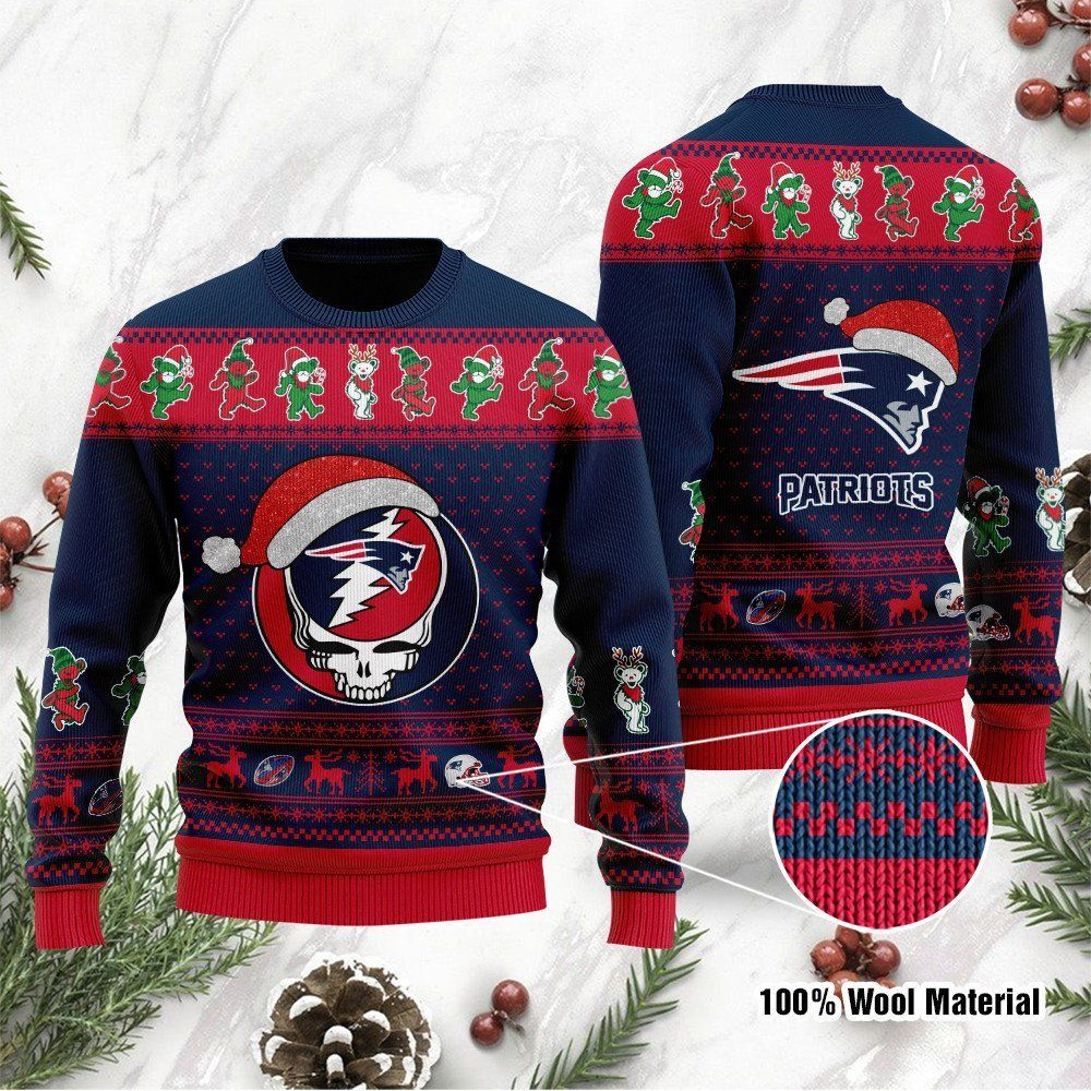 New England Patriots Grateful Dead SKull And Bears Custom Name Ugly Christmas Sweater NFL Football Christmas