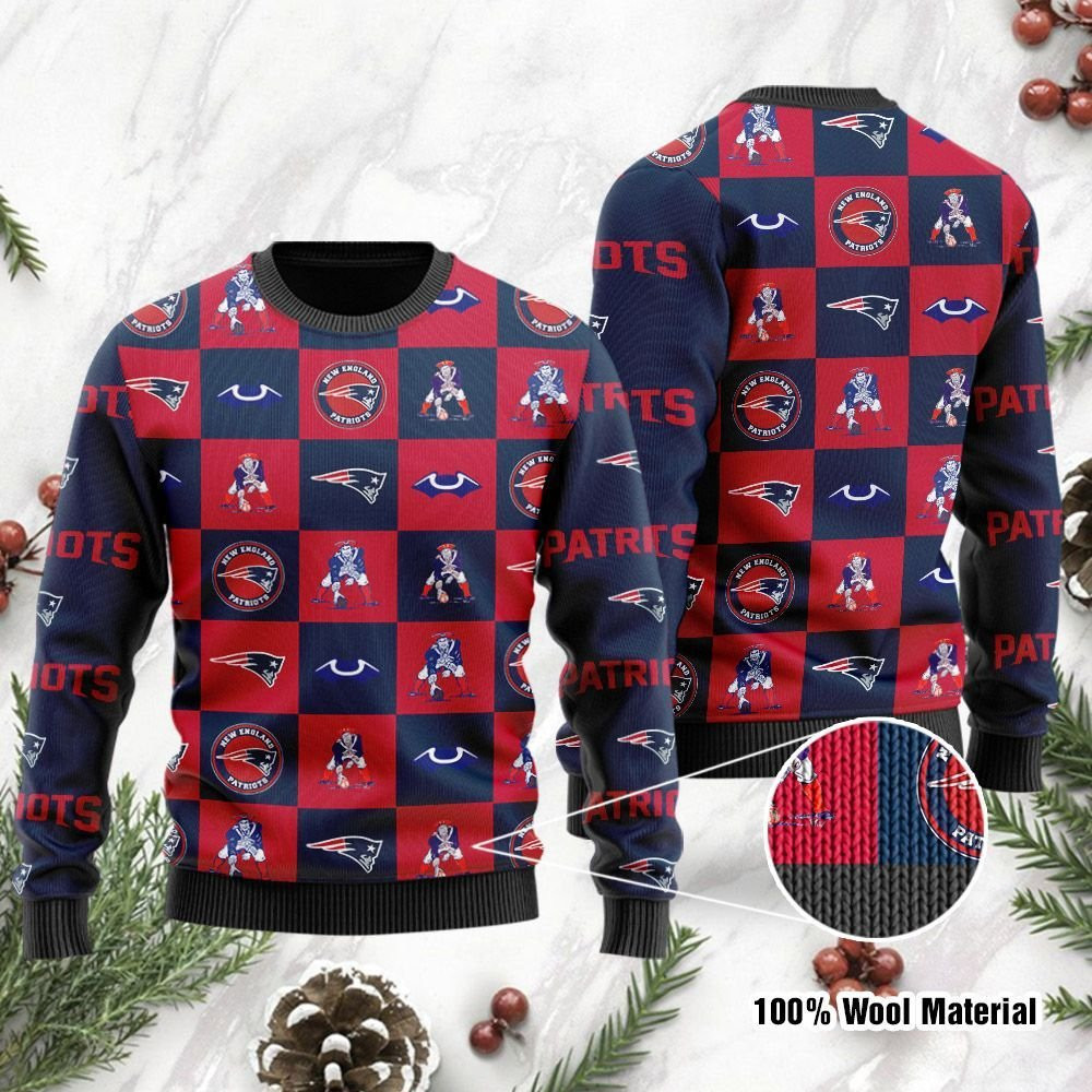 New England Patriots Logo Checkered Flannel Ugly Christmas Sweater, Perfect Holiday Gift
