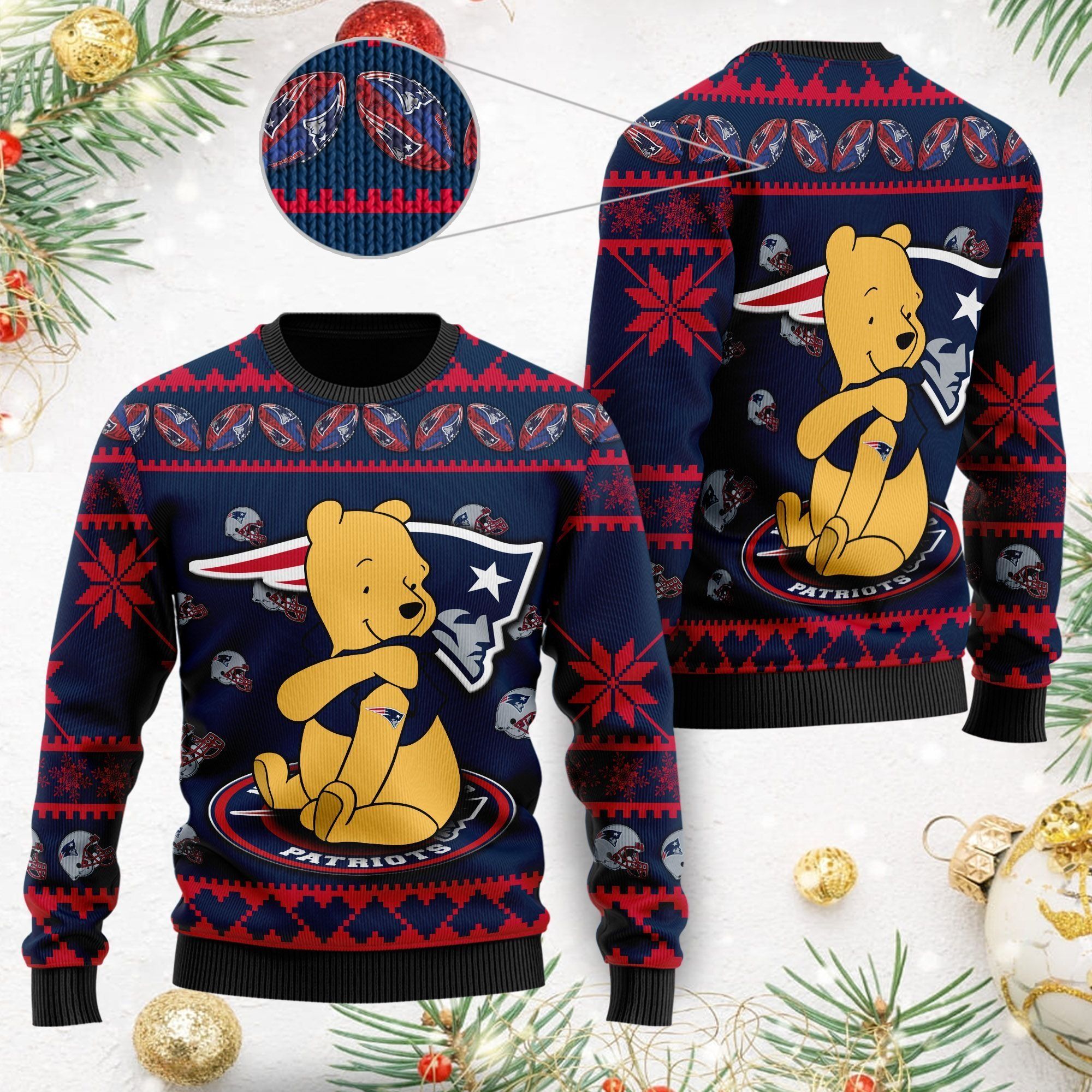 New England Patriots NFL American Football Team Logo Cute Winnie The Pooh Bear 3D Ugly Christmas Sweater