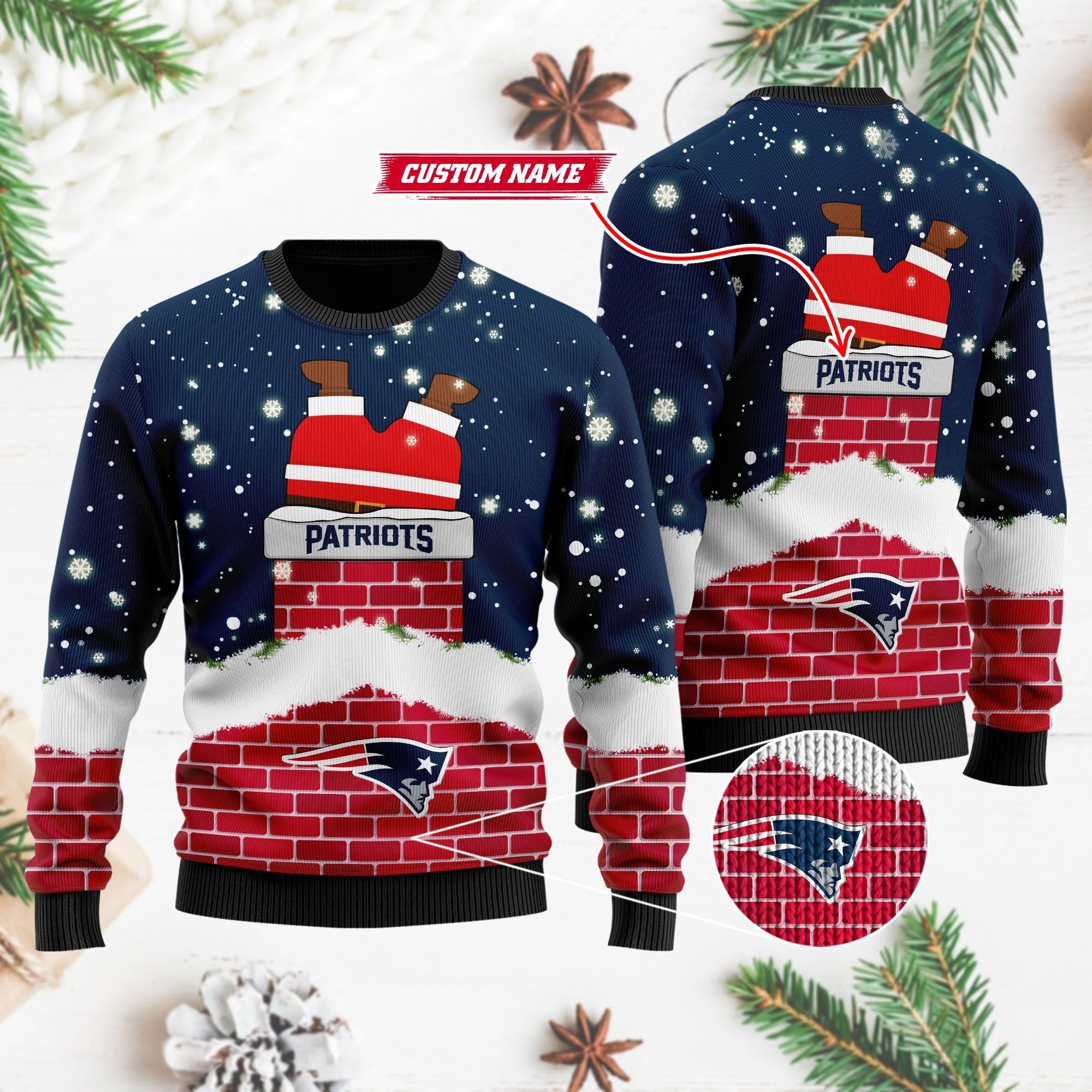 New England Patriots NFL Football Team Logo Symbol Santa Claus Custom Name Personalized 3D Ugly Christmas Sweater