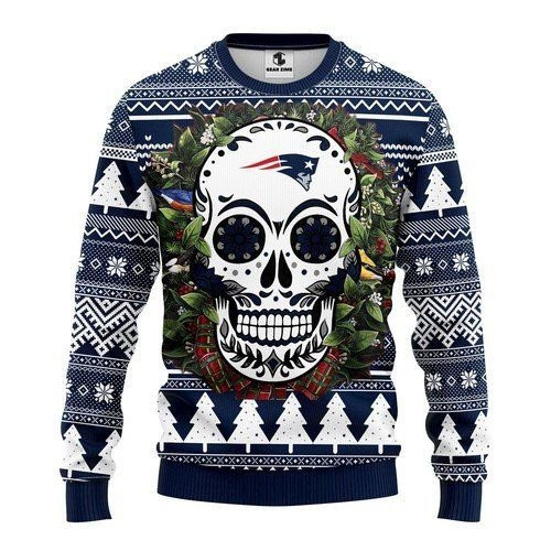 New England Patriots Skull Flower For Unisex Ugly Christmas Sweater, Perfect Holiday Gift