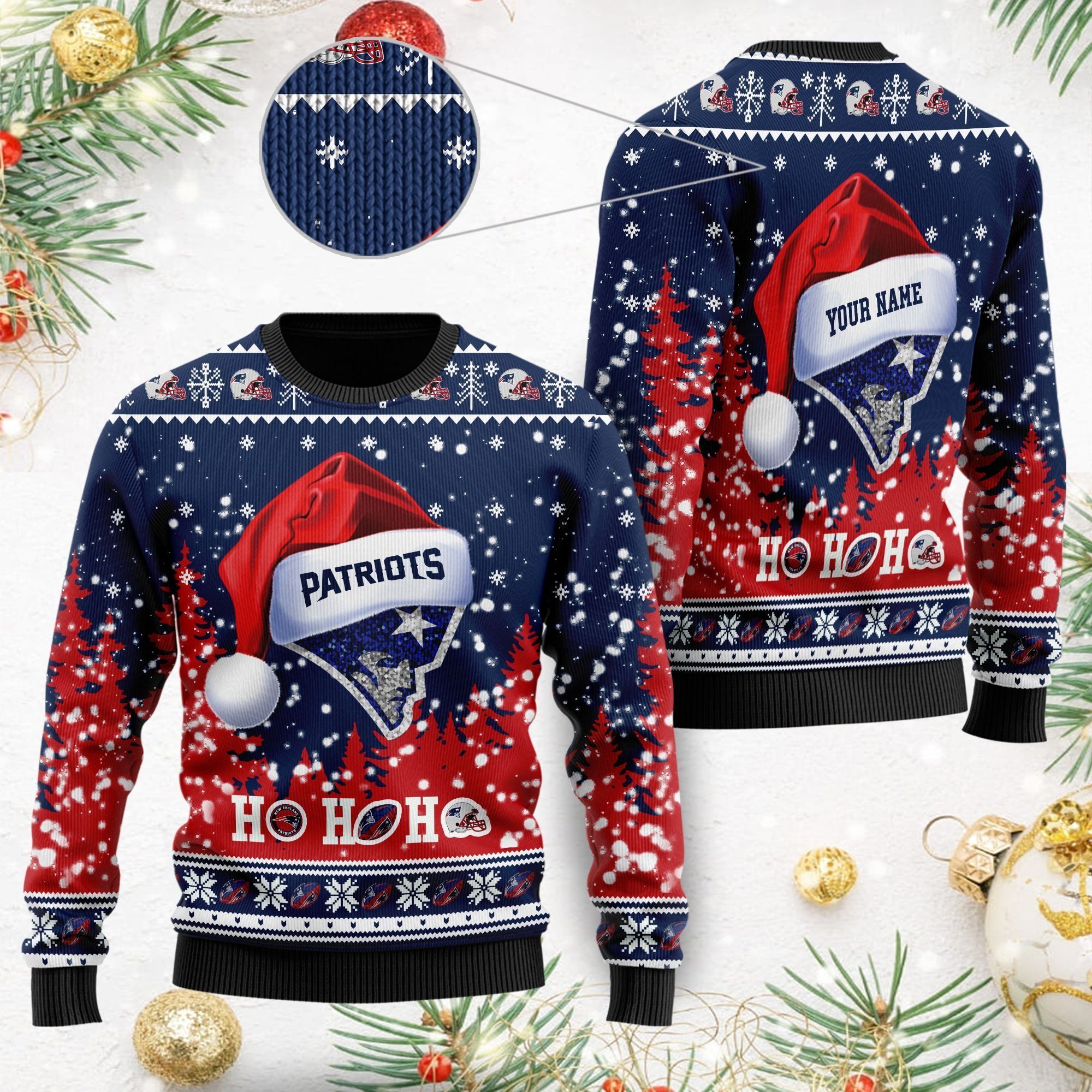 New England Patriots Symbol Wearing Santa Claus Hat Cute Pattern Ho Ho Ho Custom Personalized Ugly Christmas Sweater For Football Fans On Xmas Party