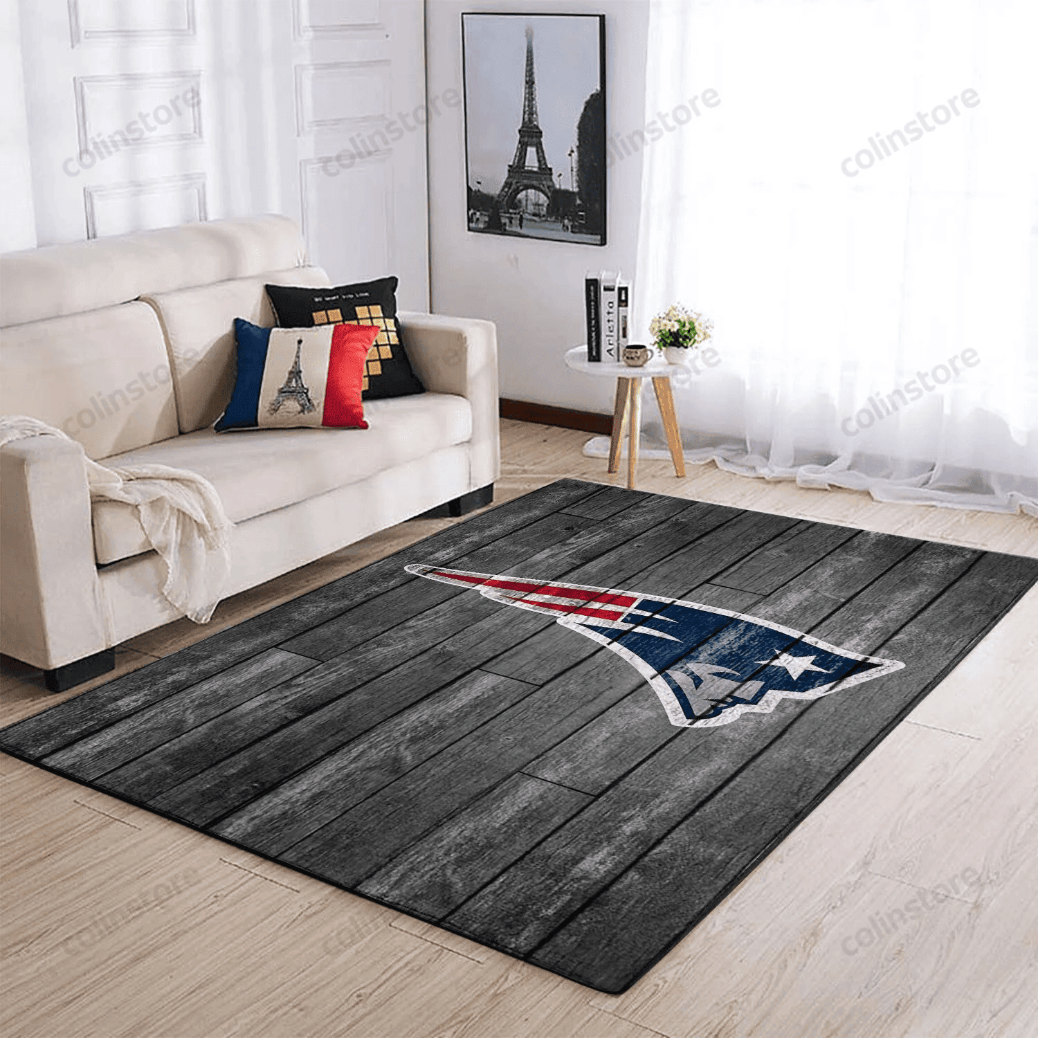 New England Patriots Team Logo Grey Wooden Rectangle Area Rug – Full Print Carpet For Living Room & Bedroom Home Decor