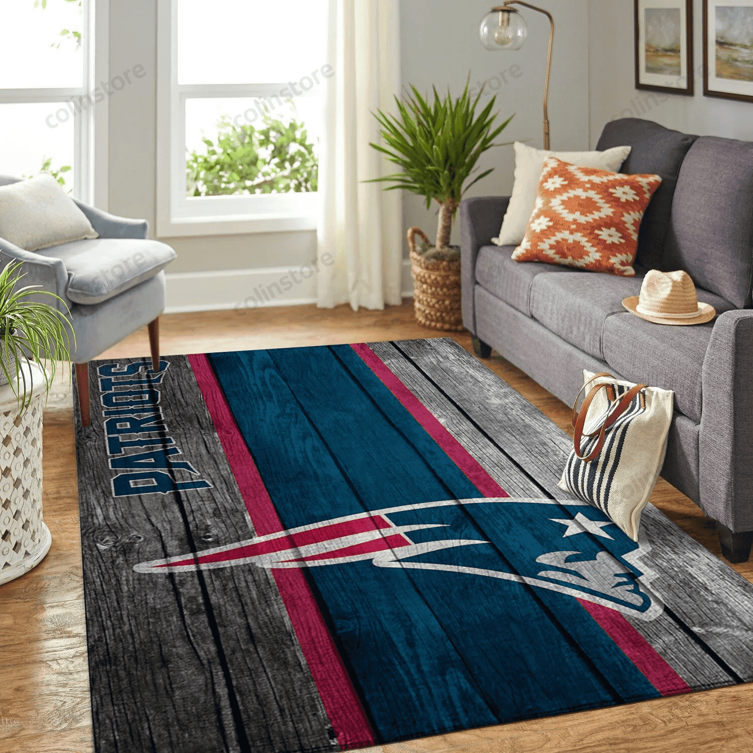New England Patriots Team Logo Wooden Rectangle Area Rug – Full Print Carpet For Living Room & Bedroom Home Decor