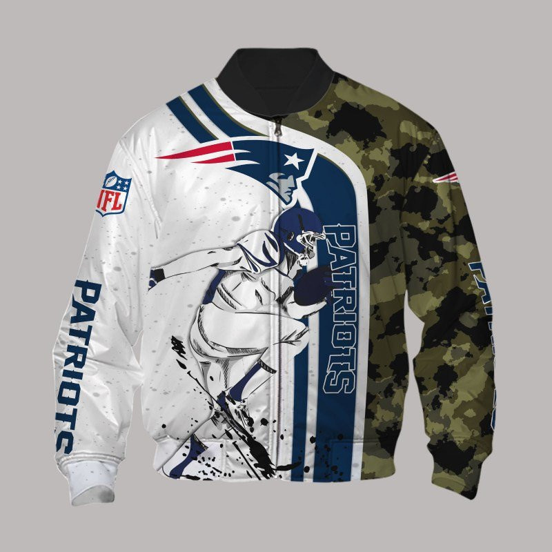 New England Patriots White Camo Bomber Jacket | NFL Team Jacket for Men & Women | Football Fan Gift