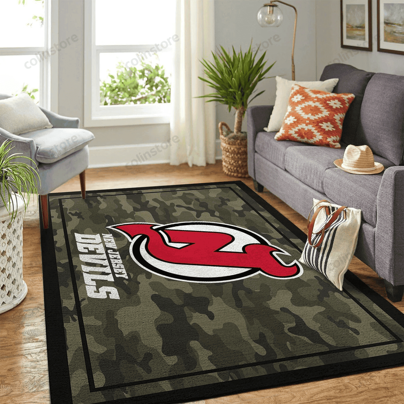 New Jersey Devils Team Logo Camo Rectangle Area Rug – Full Print Carpet For Living Room & Bedroom Home Decor