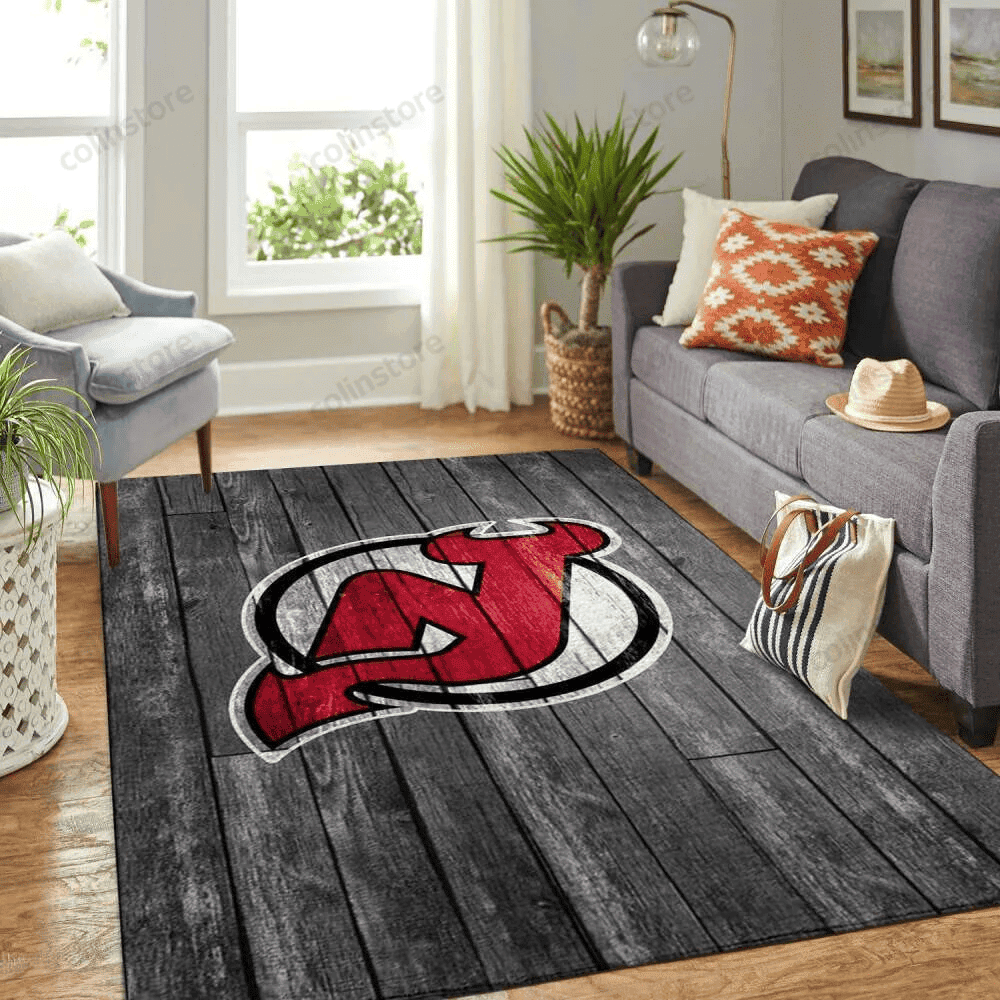 New Jersey Devils Team Logo Grey Rectangle Area Rug – Full Print Carpet For Living Room & Bedroom Home Decor