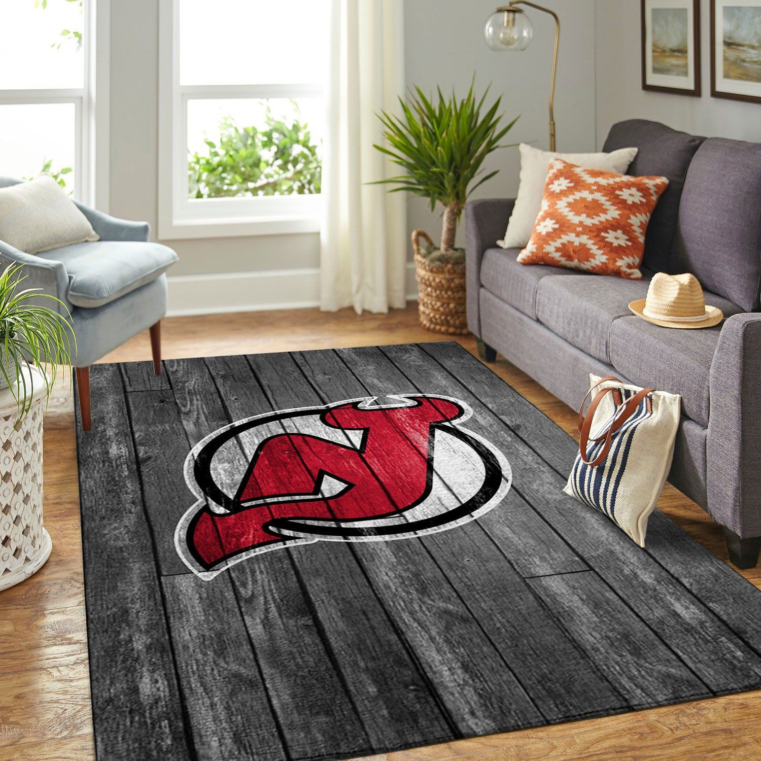New Jersey Devils Team Logo Grey Wooden Rectangle Area Rug – Full Print Carpet For Living Room & Bedroom Home Decor
