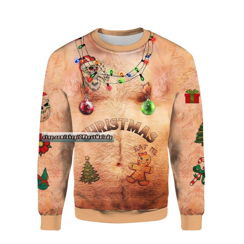 New Mens Bare Chest Tattoos Festive For Unisex Ugly Christmas Sweater