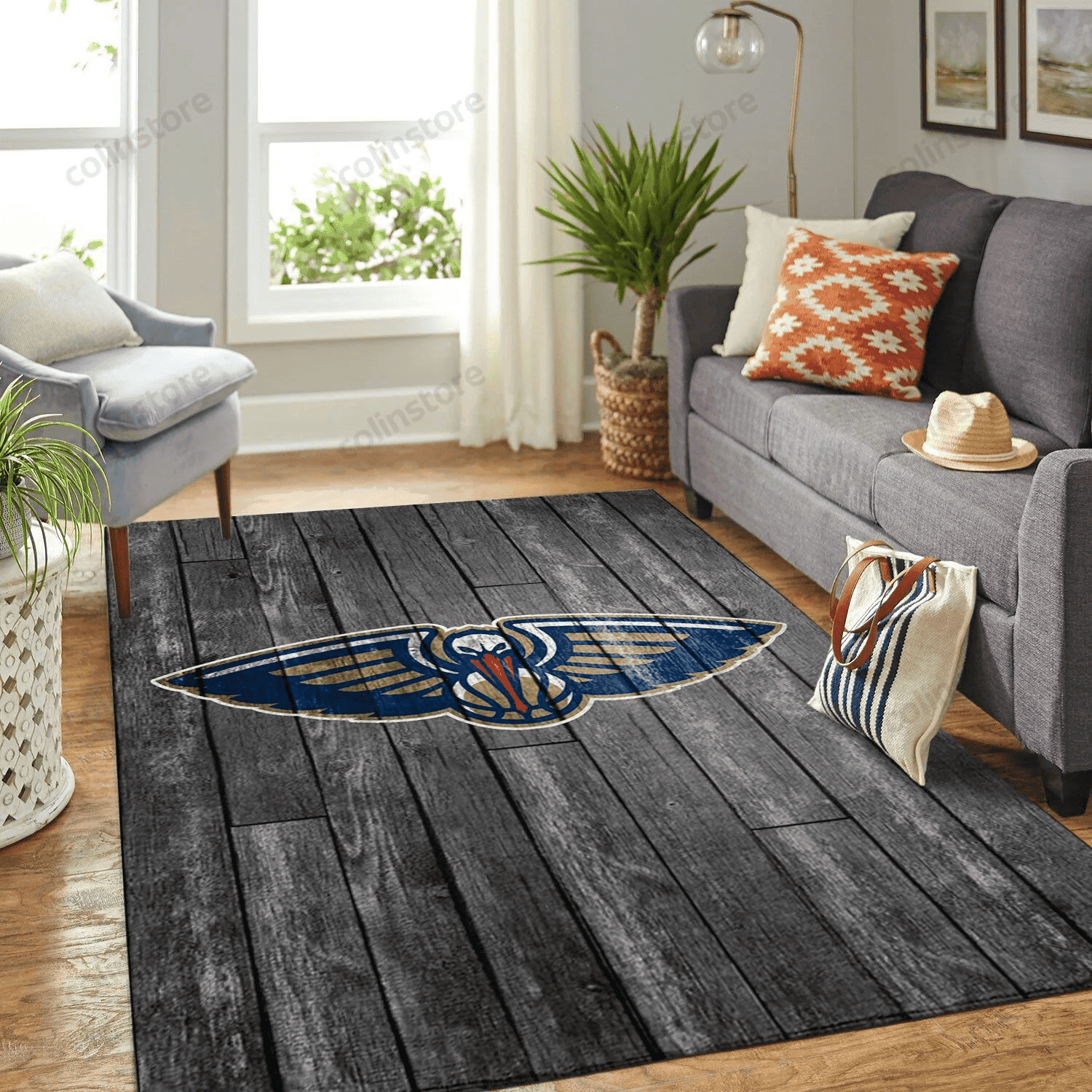 New Orleans Pelicans Team Logo Grey Wooden 3D Rectangle Area Rug – Full Print Carpet For Living Room & Bedroom Home Decor