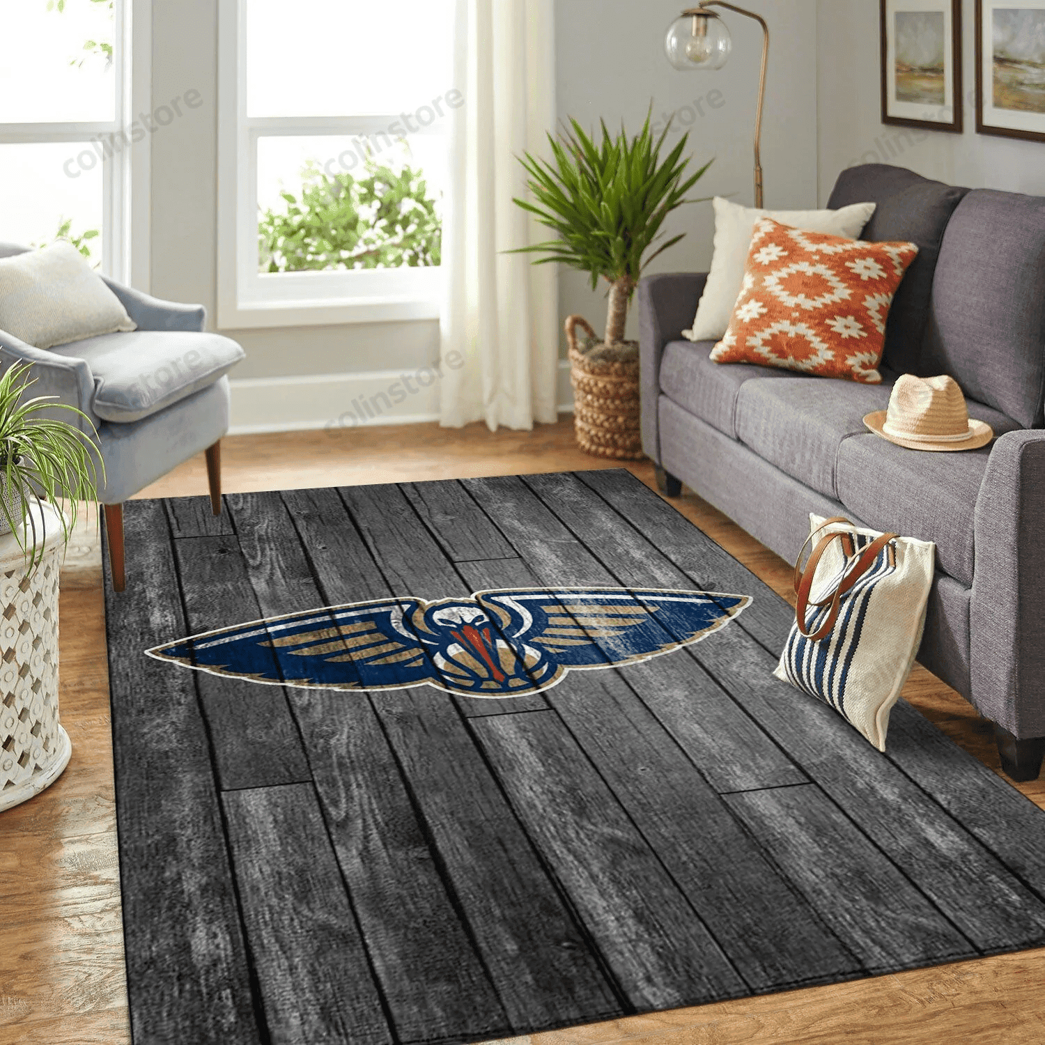 New Orleans Pelicans Team Logo Grey Wooden Rectangle Area Rug – Full Print Carpet For Living Room & Bedroom Home Decor
