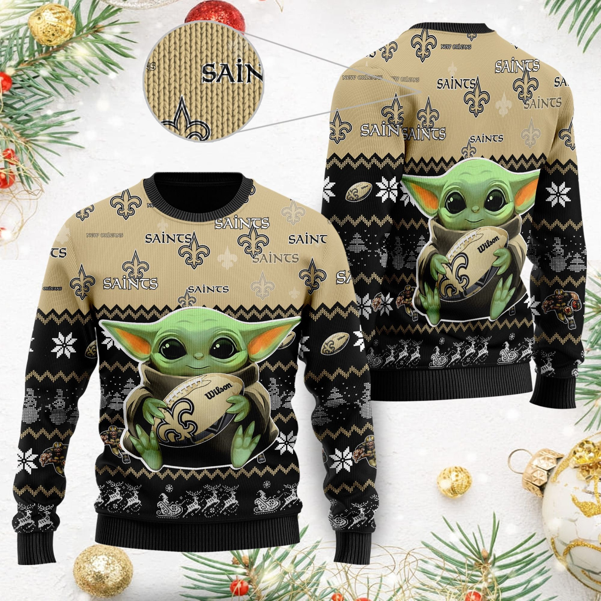 New Orleans Saints Baby Yoda Shirt For American Football Fans Ugly Christmas Sweater, Perfect Holiday Gift