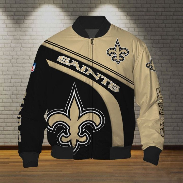 New Orleans Saints Black Golden Logo Right Bomber Jacket | NFL Team Jacket for Men & Women | Football Fan Gift
