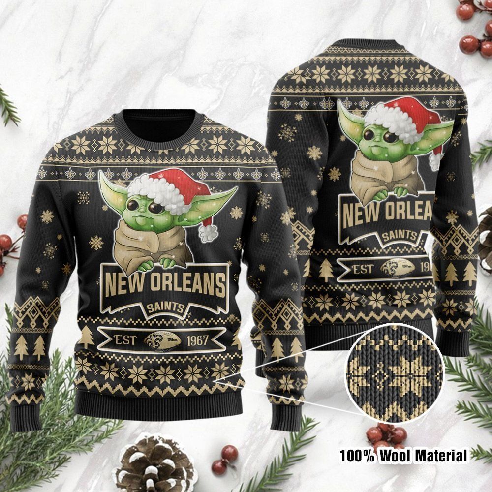 New Orleans Saints Cute Baby Yoda Grogu Ugly Christmas Sweater Holiday Party Men Women Full Plus Size