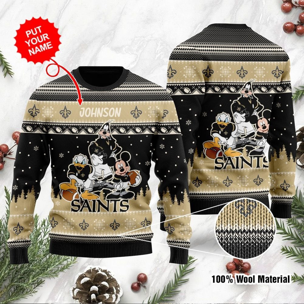 New Orleans Saints Disney Donald Duck Mickey Mouse Goofy Personalized Ugly Christmas Sweater, Perfect Holiday Gift