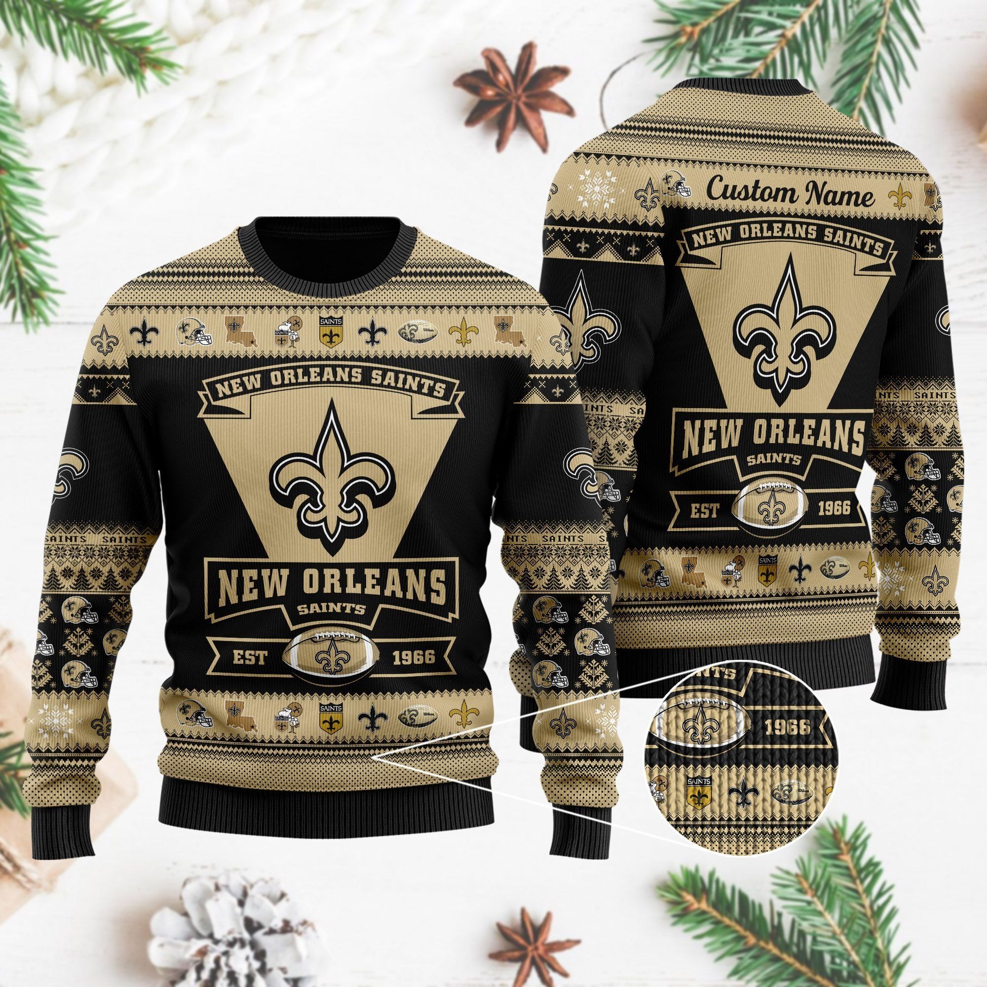 New Orleans Saints Football Team Logo Custom Name Personalized Ugly Christmas Sweater Holiday Party Men Women Plus Size