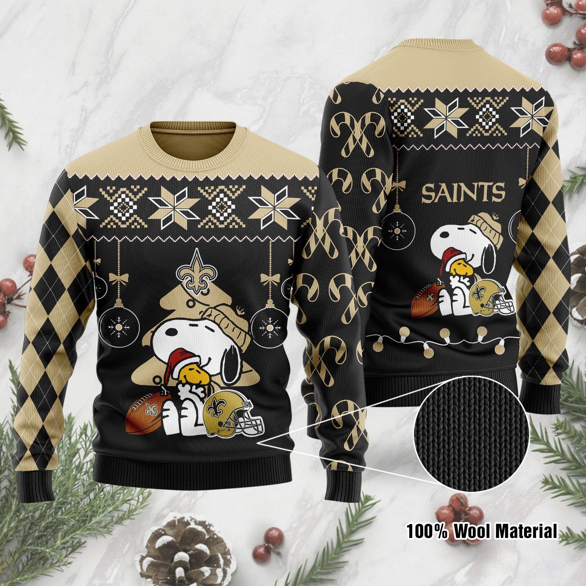 New Orleans Saints Funny Charlie Brown Peanuts Snoopy Ugly Christmas Sweater Holiday Party Men Women Plus Size