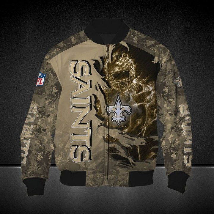 New Orleans Saints Golden Camo Scratch Player Bomber Jacket | NFL Team Jacket for Men & Women | Football Fan Gift