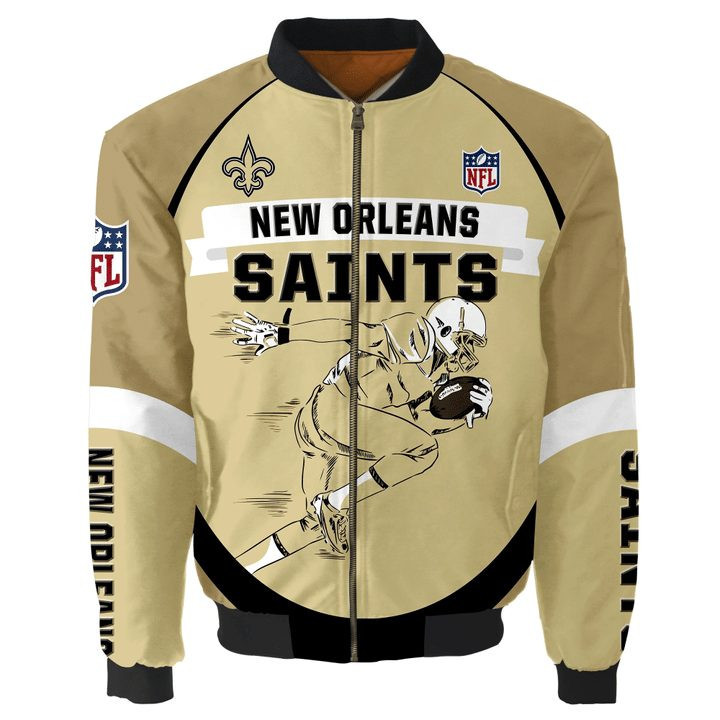 New Orleans Saints Graphic Player Running Bomber Jacket | NFL Team Jacket for Men & Women | Football Fan Gift