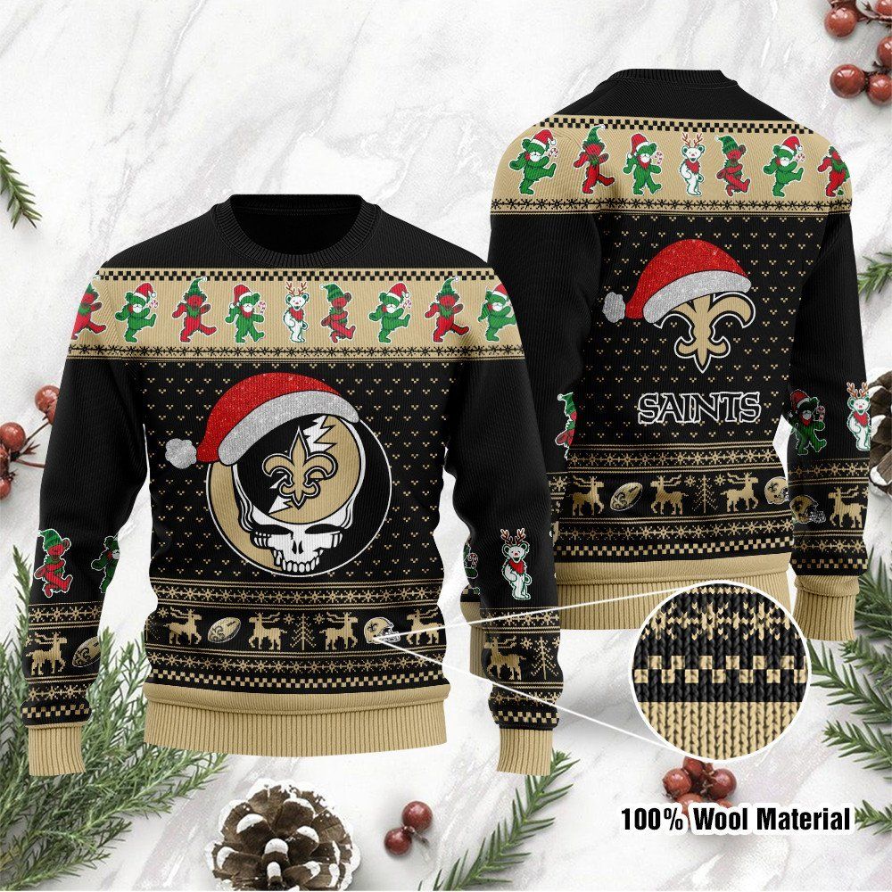 New Orleans Saints Grateful Dead SKull And Bears Custom Name Ugly Christmas Sweater NFL Football Christmas
