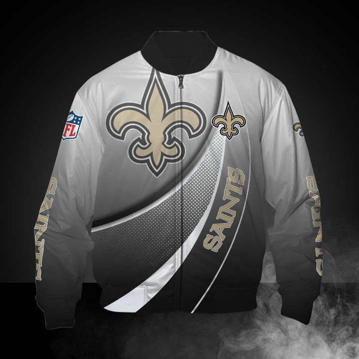 New Orleans Saints Grey White Curve Graphic Bomber Jacket | NFL Team Jacket for Men & Women | Football Fan Gift