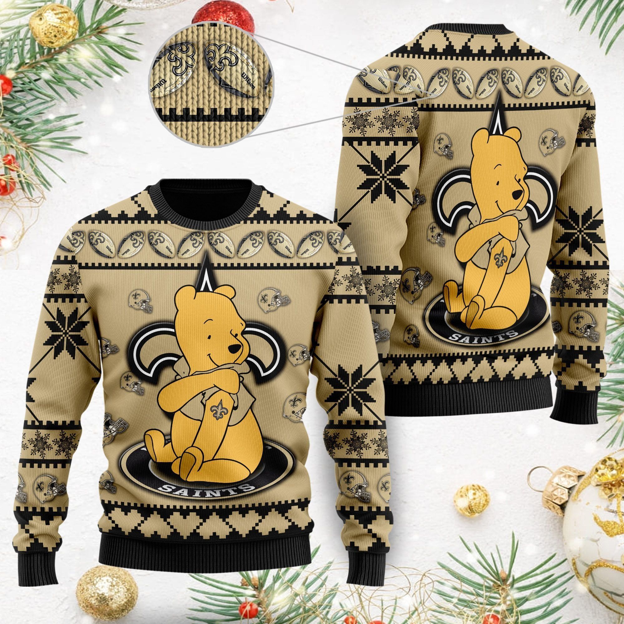 New Orleans Saints NFL American Football Team Logo Cute Winnie The Pooh Bear 3D Ugly Christmas Sweater