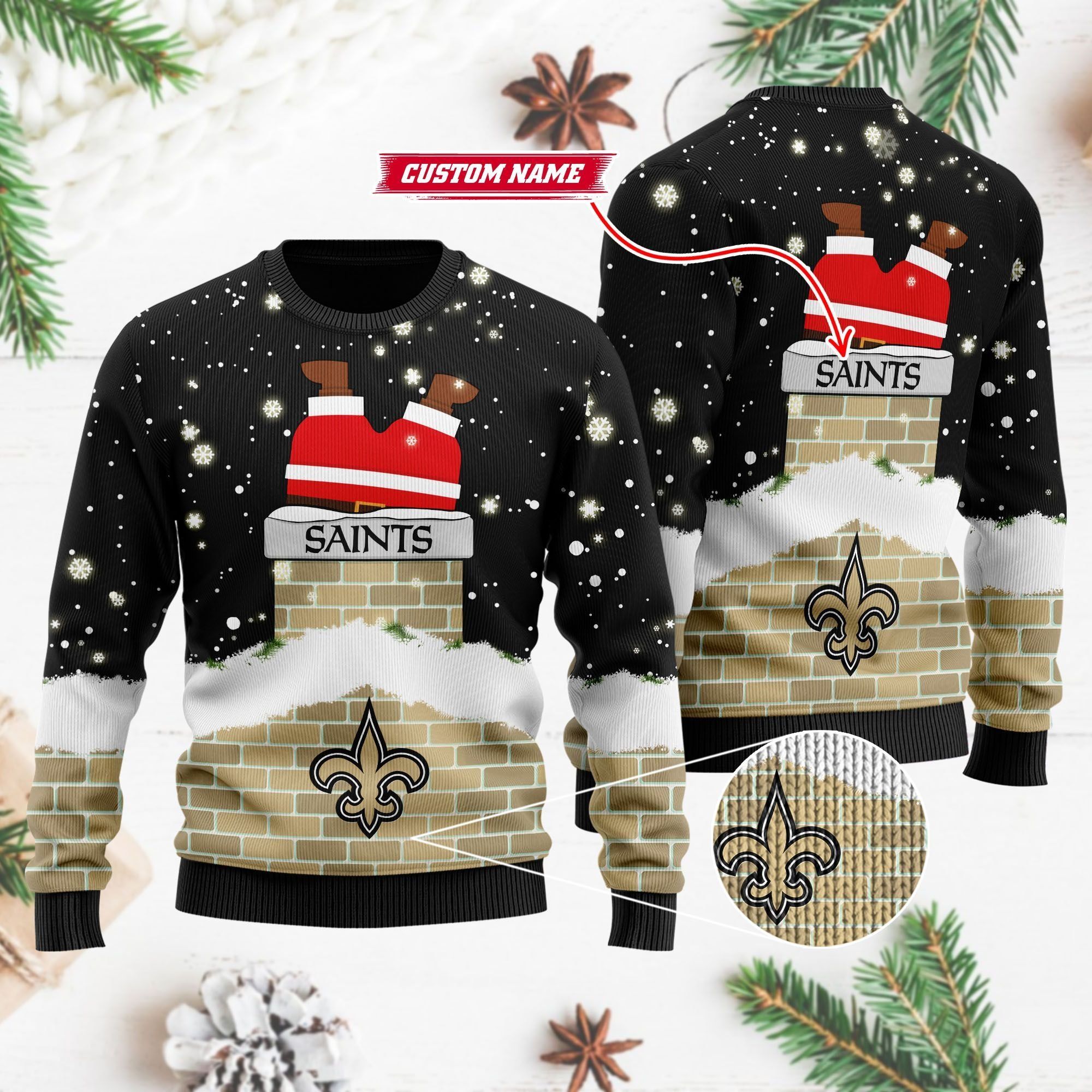 New Orleans Saints NFL Football Team Logo Symbol Santa Claus Custom Name Personalized 3D Ugly Christmas Sweater
