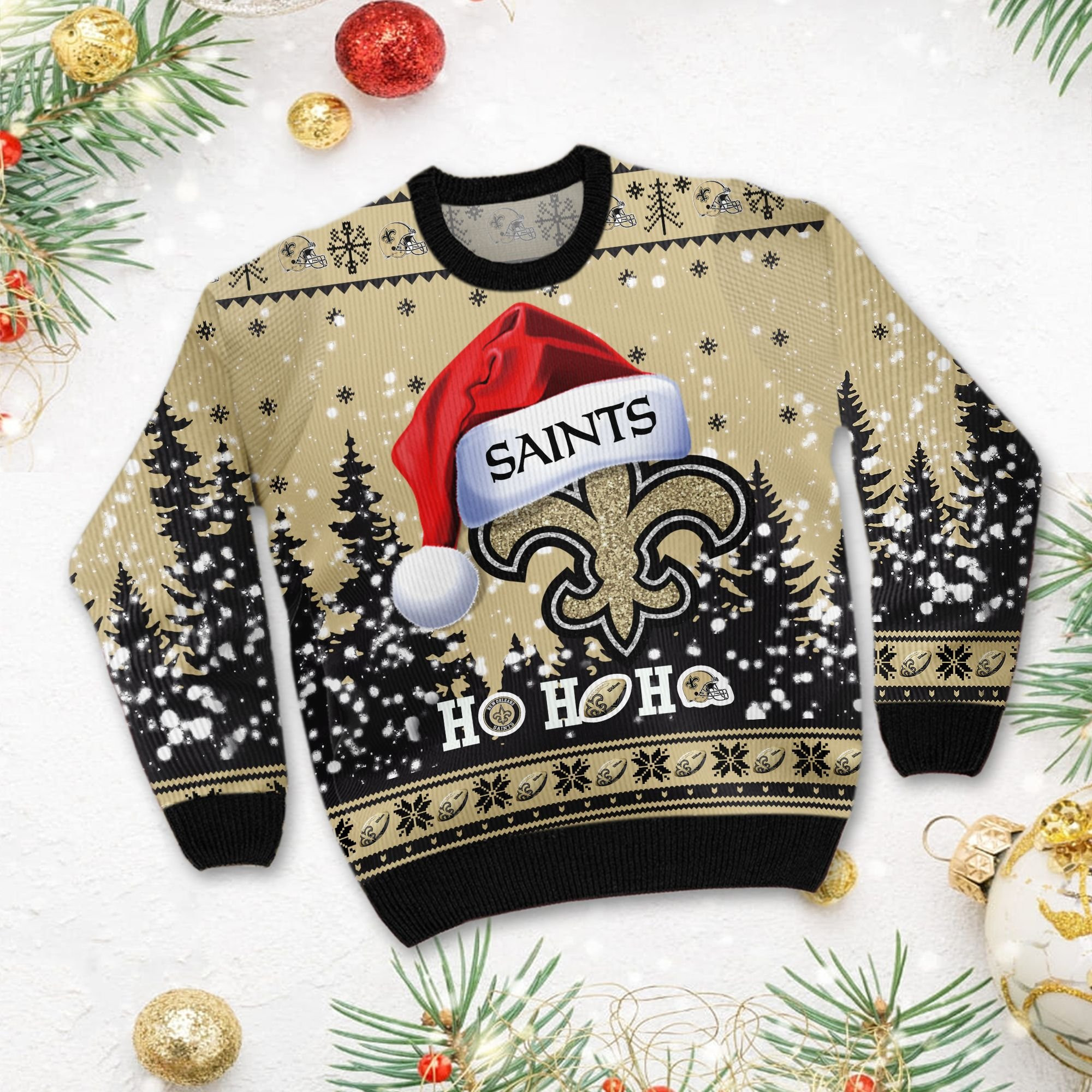 New Orleans Saints Symbol Wearing Santa Claus Hat Ho Ho Ho Personalized Ugly Christmas Sweater, Perfect Holiday Gift - Image 3
