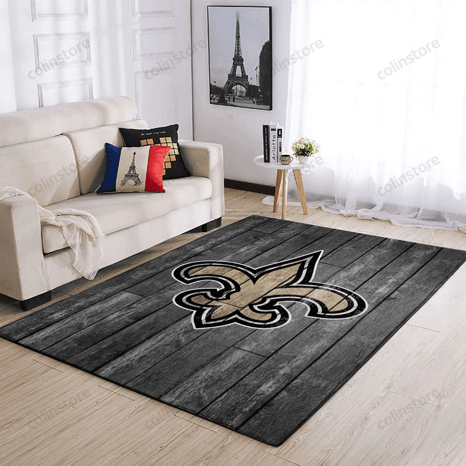 New Orleans Saints Team Logo Grey Wooden Rectangle Area Rug – Full Print Carpet For Living Room & Bedroom Home Decor