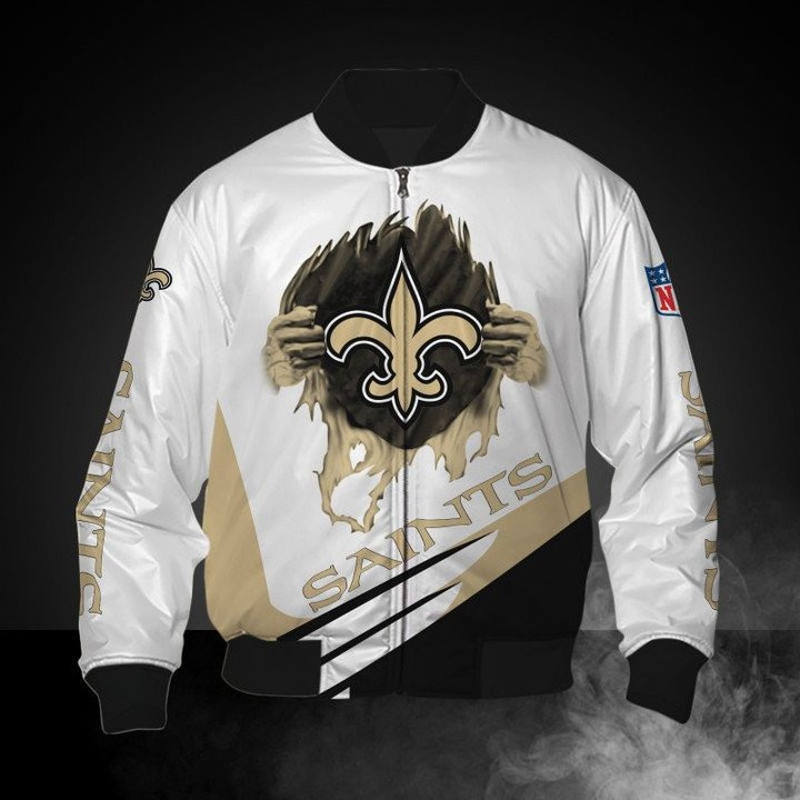 New Orleans Saints White Golden Logo Bomber Jacket | NFL Team Jacket for Men & Women | Football Fan Gift
