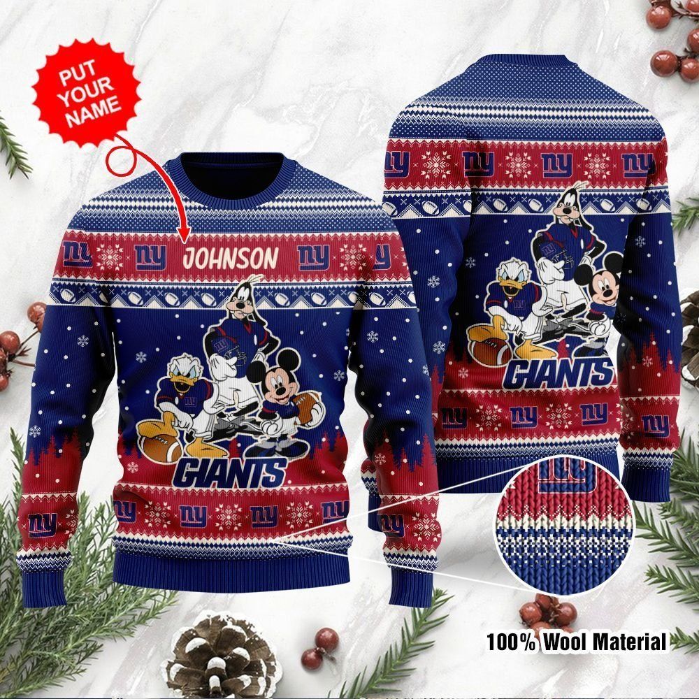 New York Giants Disney Donald Duck Mickey Mouse Goofy Custom Name Personalized Ugly Christmas Sweater Holiday Party For Men Women