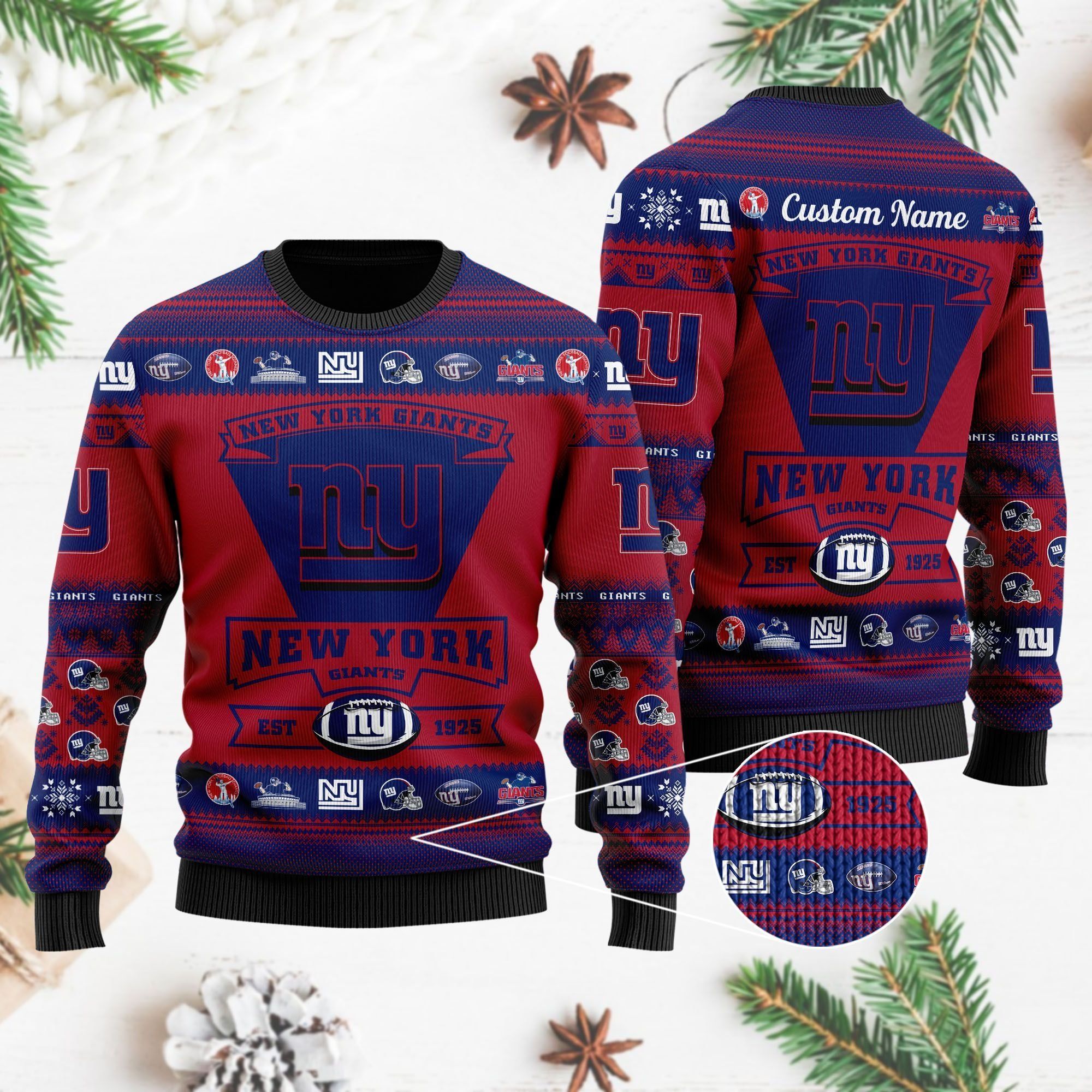 New York Giants Football Team Logo Custom Name Personalized Ugly Christmas Sweater Holiday Party Men Women Plus Size