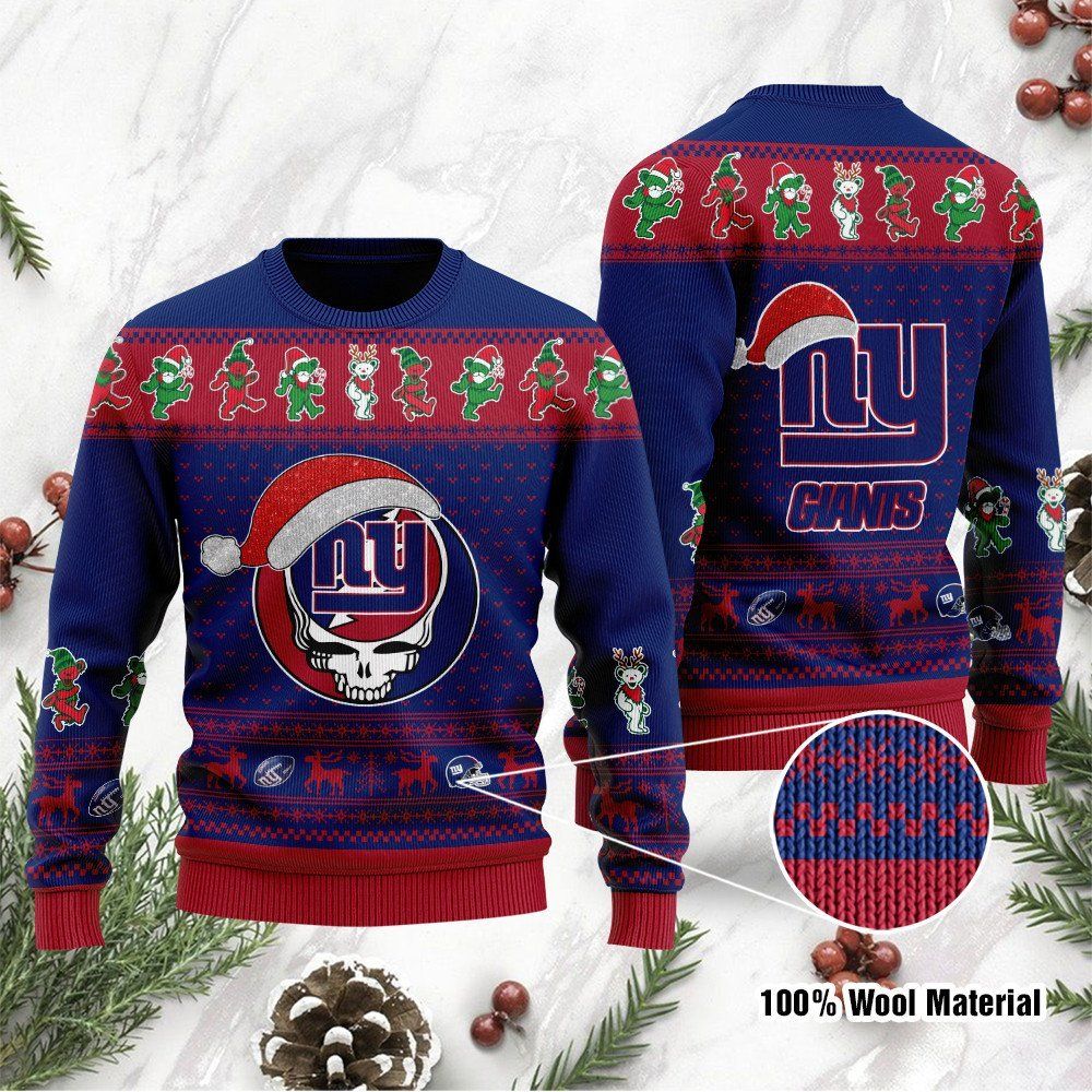 New York Giants Grateful Dead SKull And Bears Custom Name Ugly Christmas Sweater NFL Football Christmas