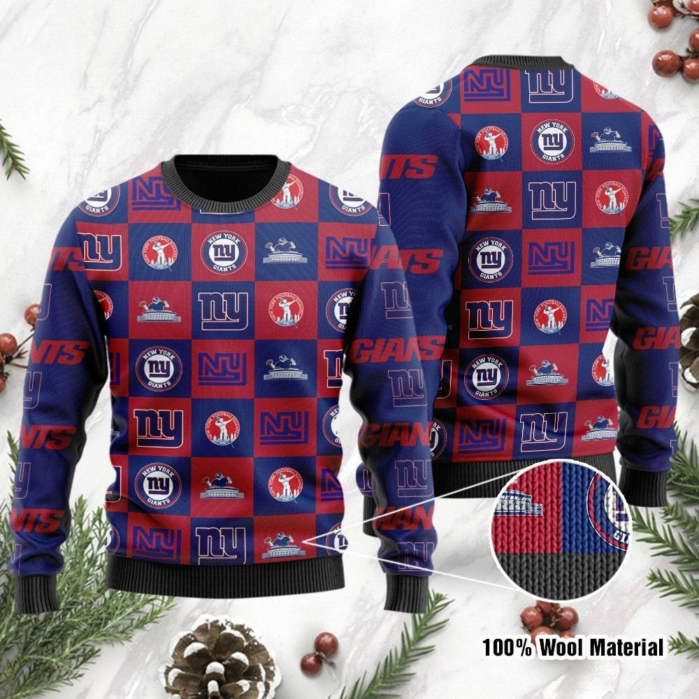 New York Giants Logo Checkered Flannel Ugly Christmas Sweater, Perfect Holiday Gift