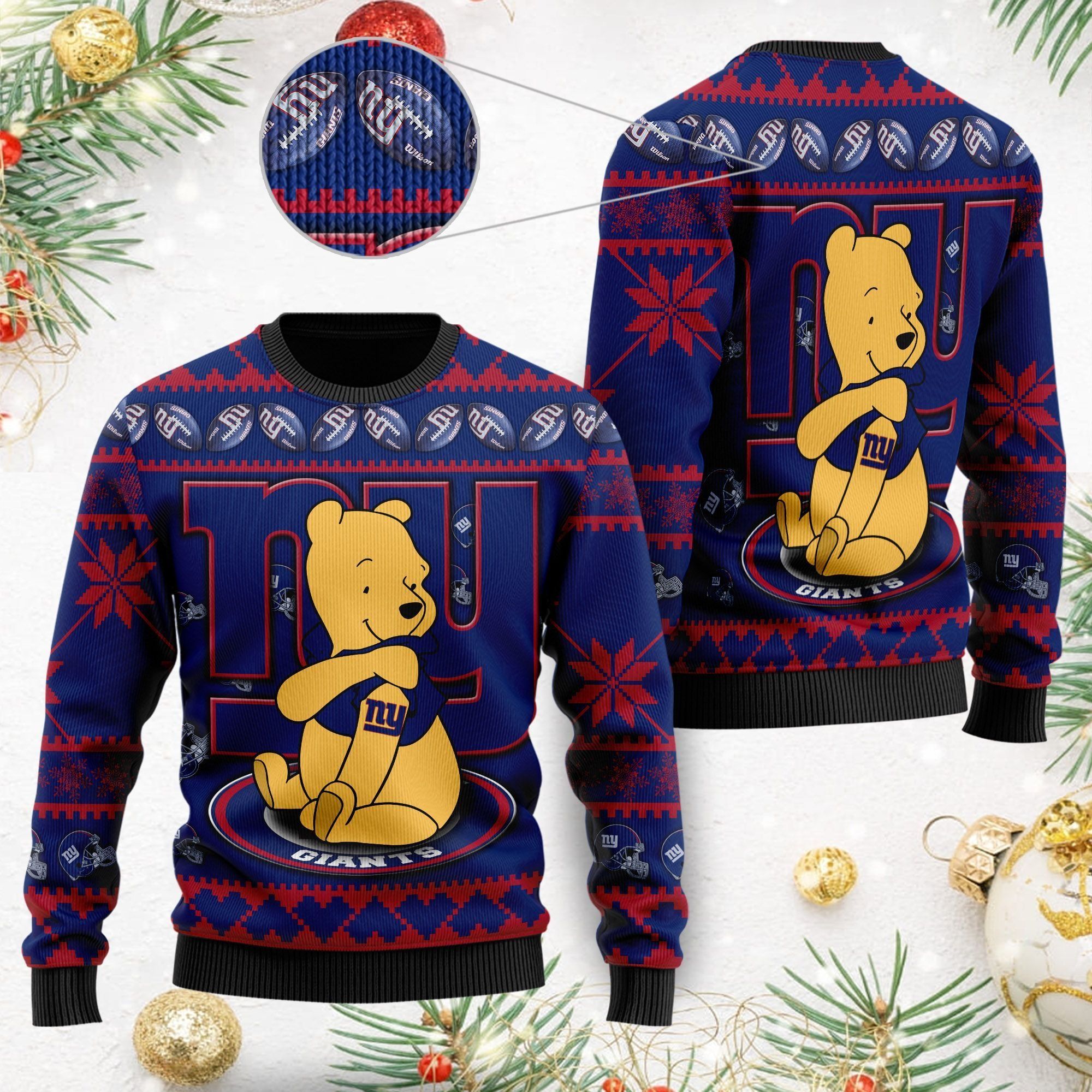 New York Giants NFL American Football Team Logo Cute Winnie The Pooh Bear 3D Ugly Christmas Sweater