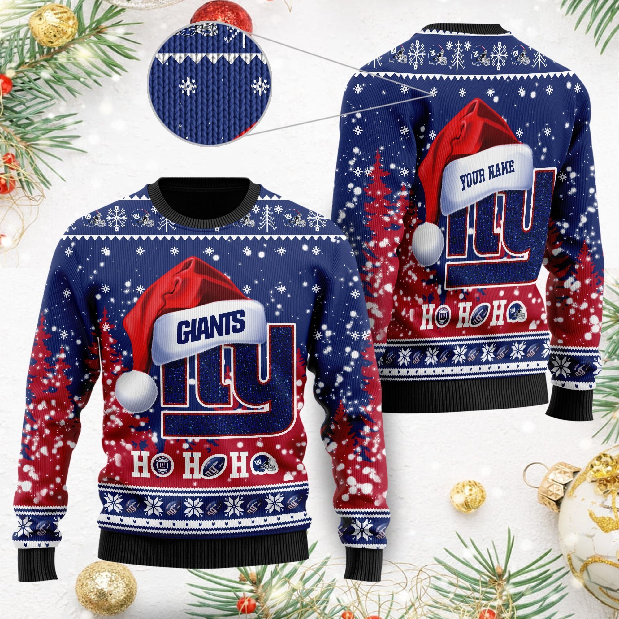 New York Giants Symbol Wearing Santa Claus Hat Cute Pattern Ho Ho Ho Custom Personalized Ugly Christmas Sweater For Football Fans On Xmas Party