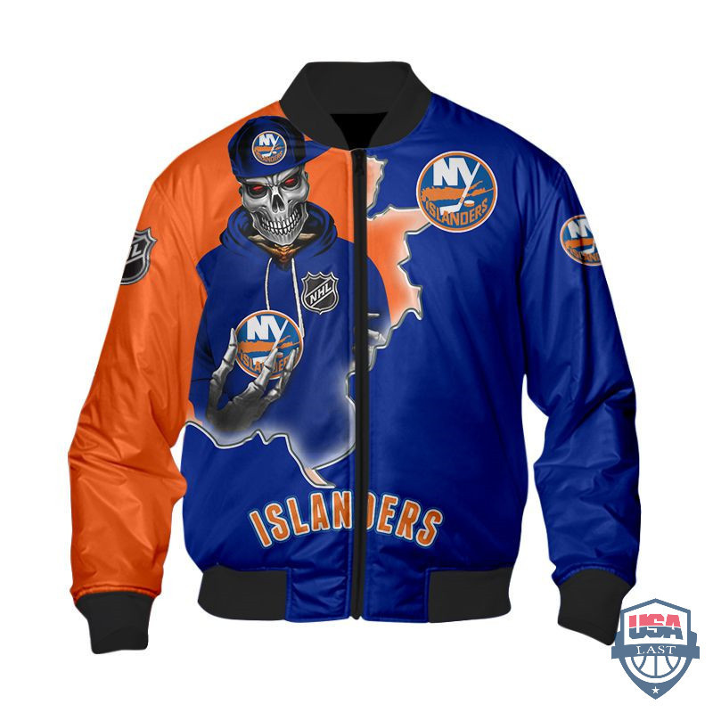 New York Islanders Blue Orange Skull Scratch Bomber Jacket | NHL Team Jacket for Men & Women | Hockey Fan Gift