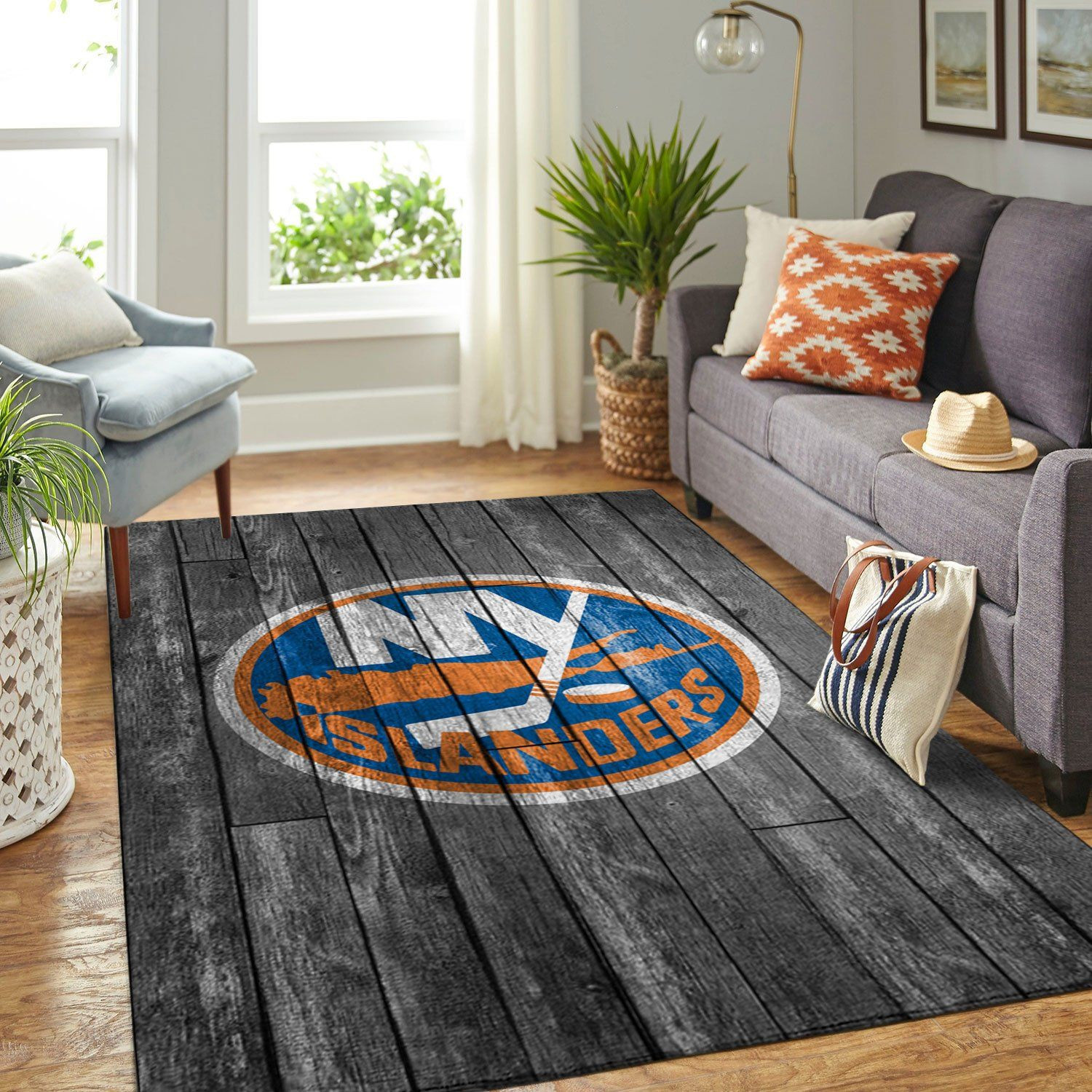 New York Islanders Team Logo Grey Wooden Rectangle Area Rug – Full Print Carpet For Living Room & Bedroom Home Decor
