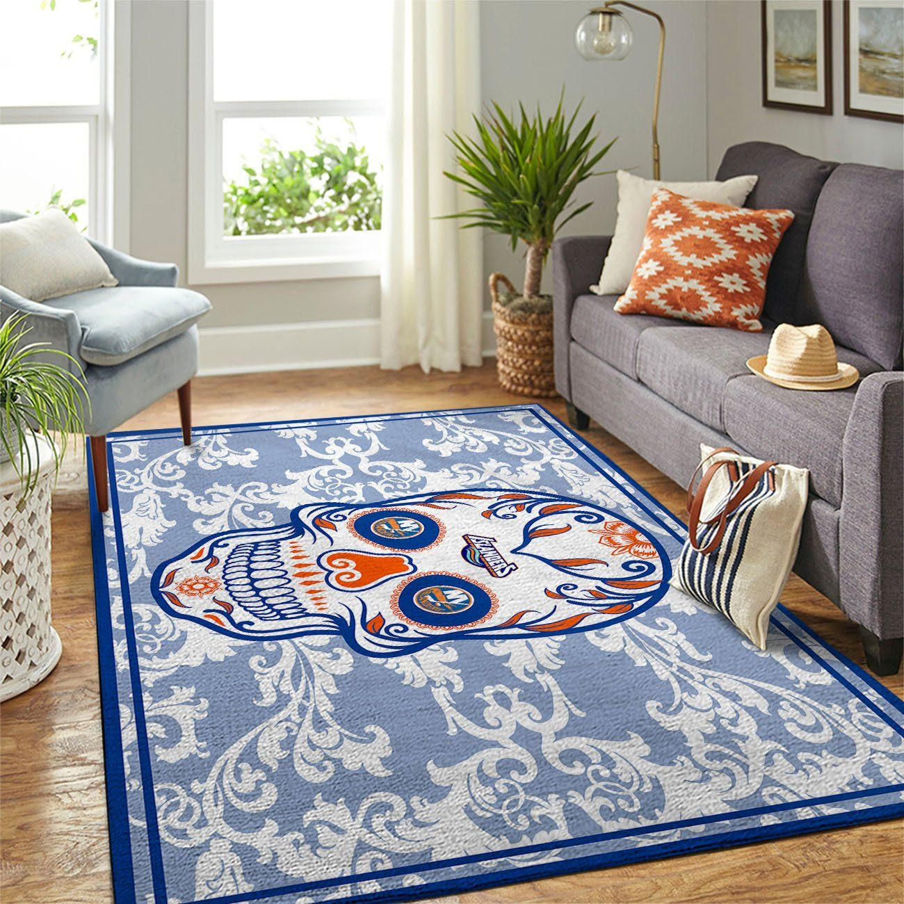 New York Islanders Team Logo Skull Flower Rectangle Area Rug – Full Print Carpet For Living Room & Bedroom Home Decor