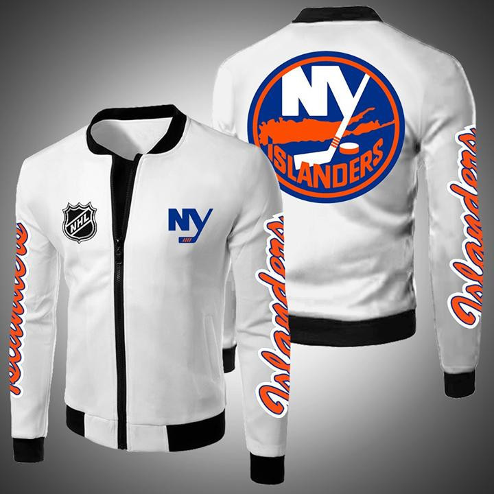 New York Islanders White Bomber Jacket | NHL Team Jacket for Men & Women | Hockey Fan Gift