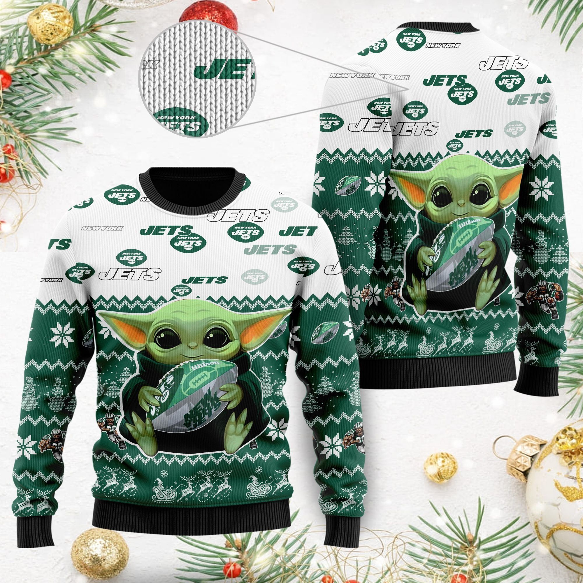 New York Jets Baby Yoda Ugly Christmas Sweater For American Football Fans